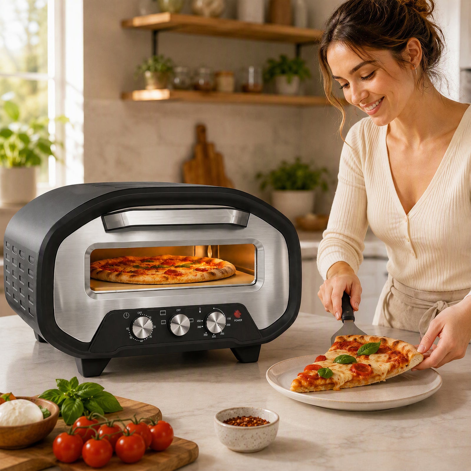 HOMCOM 12 Inch Electric Countertop Pizza Maker With 3 Knob Control, 2200w