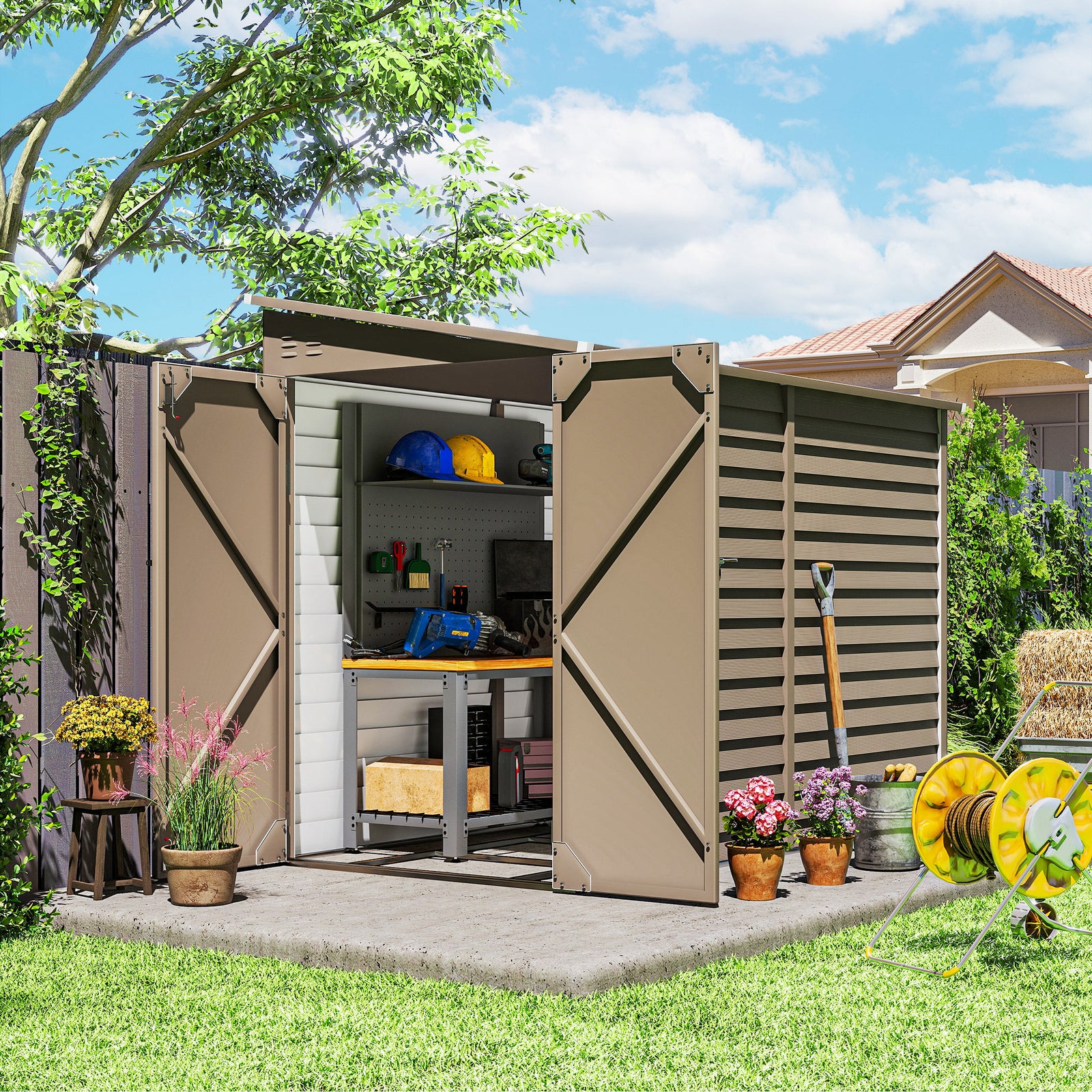 5 X 9ft Galvanised Metal Garden Shed With Foundation Kit | Brown