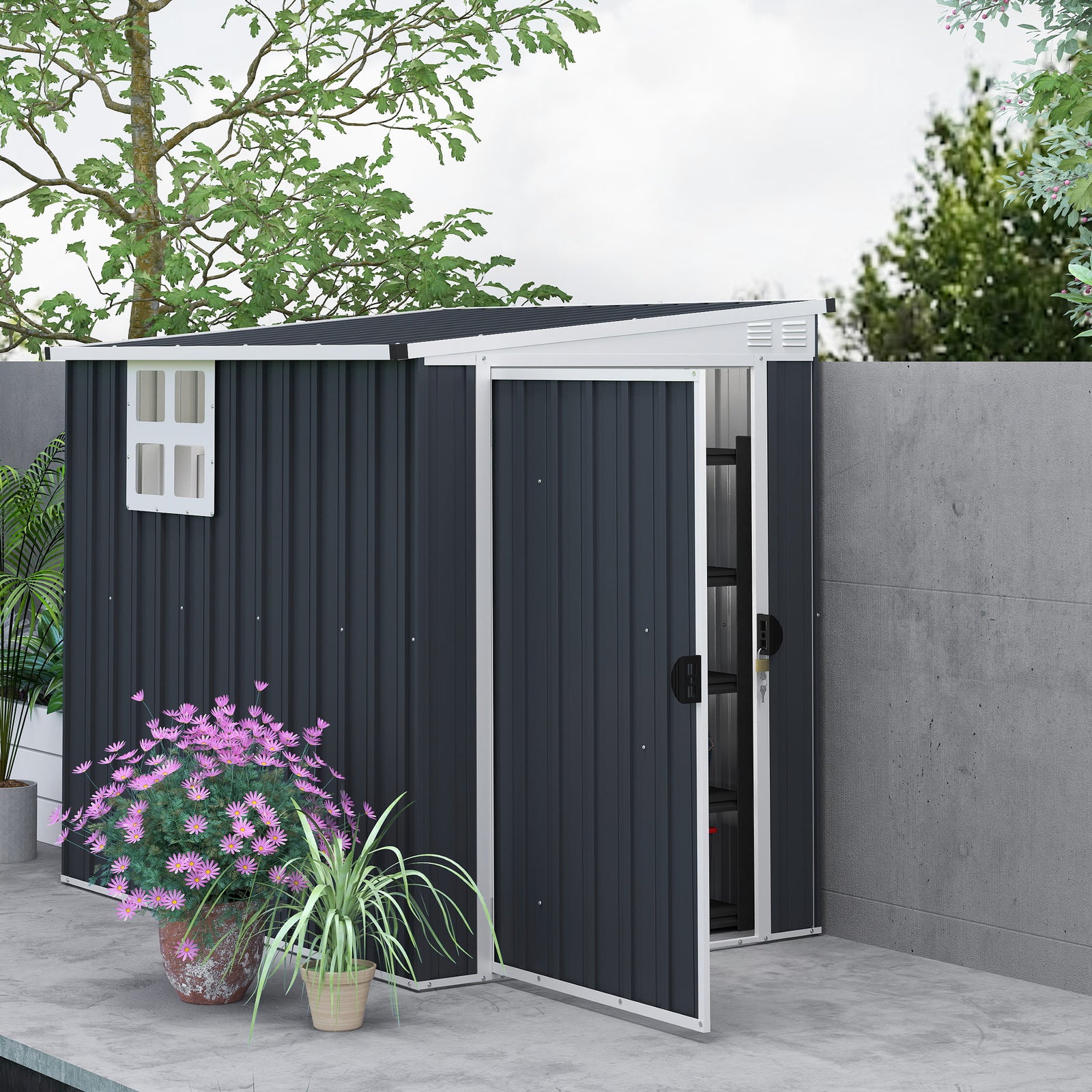 4 X 6ft Outdoor Garden Storage Shed With Window, Dark Grey