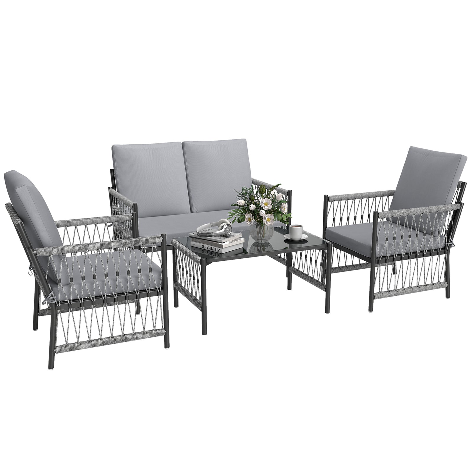4 Piece Rattan Set, Wicker Conversation Set | Gray