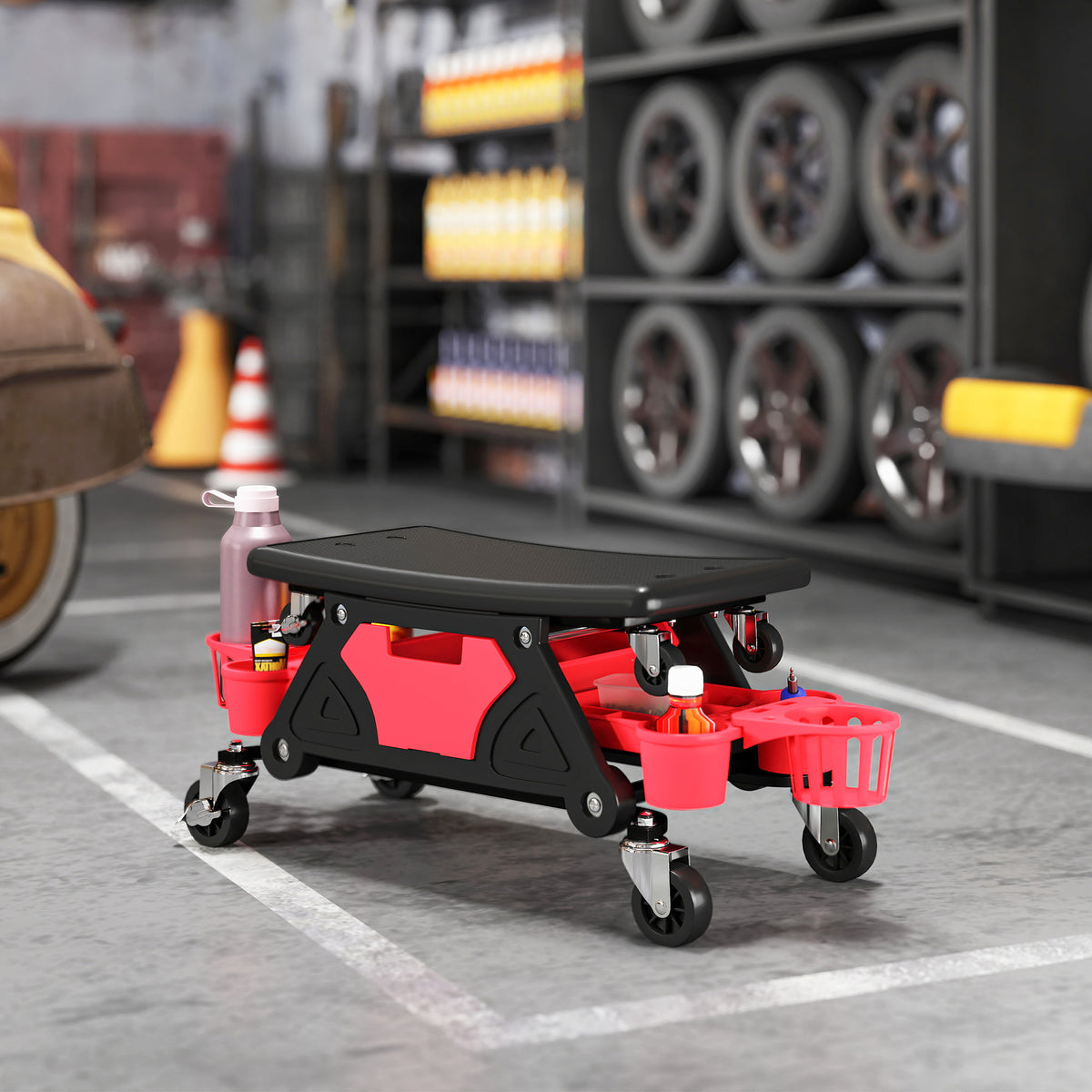 HOMCOM Rolling Mechanic Stool, 135kg Capacity Workshop Stool, Red