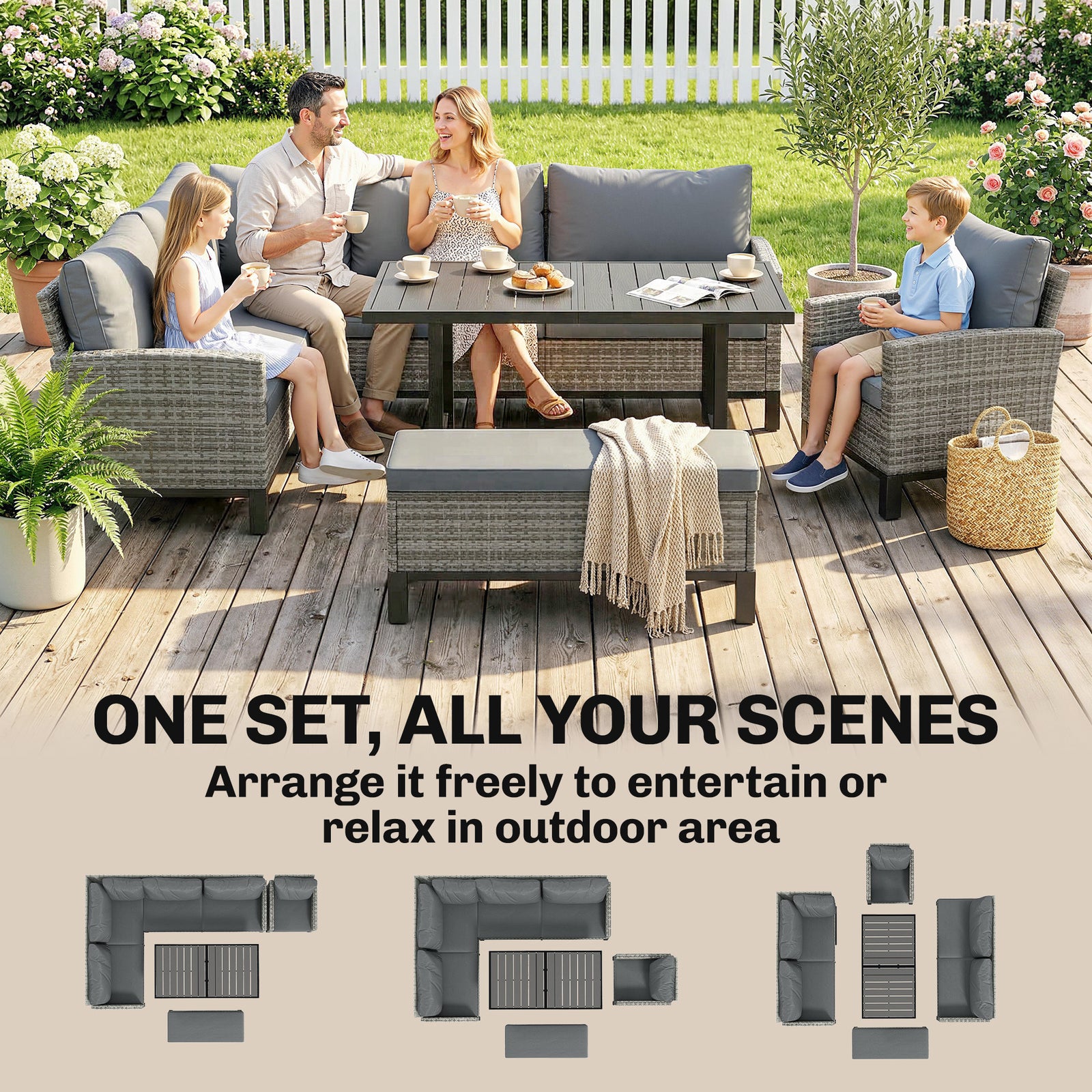 Outsunny Rattan Garden Furniture Sofa Set, Outdoor Dining Set For 9, Grey
