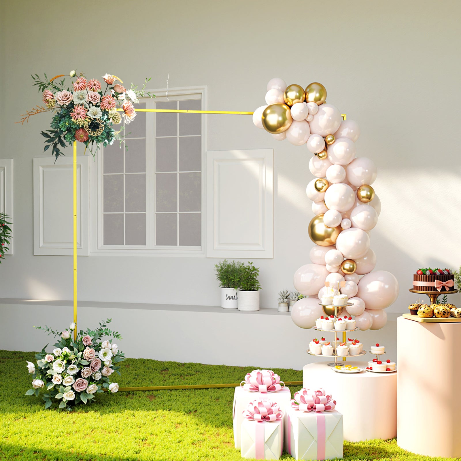 Outsunny Wedding Arch Backdrop Stand, Gold Wedding Arch With U-shaped Stakes