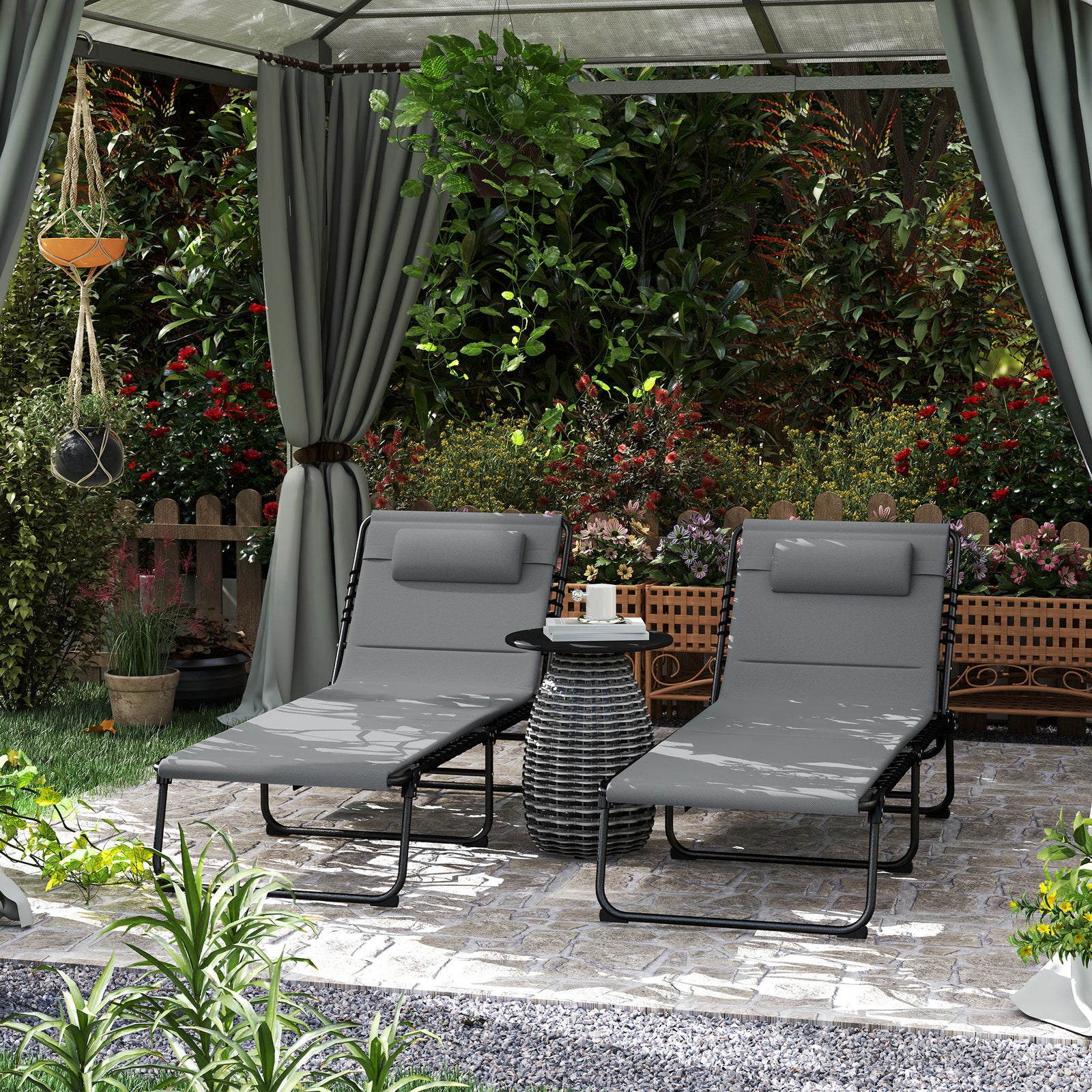 Folding Sun Loungers Set Of 2, Reclining Sun Bed | Charcoal Gray