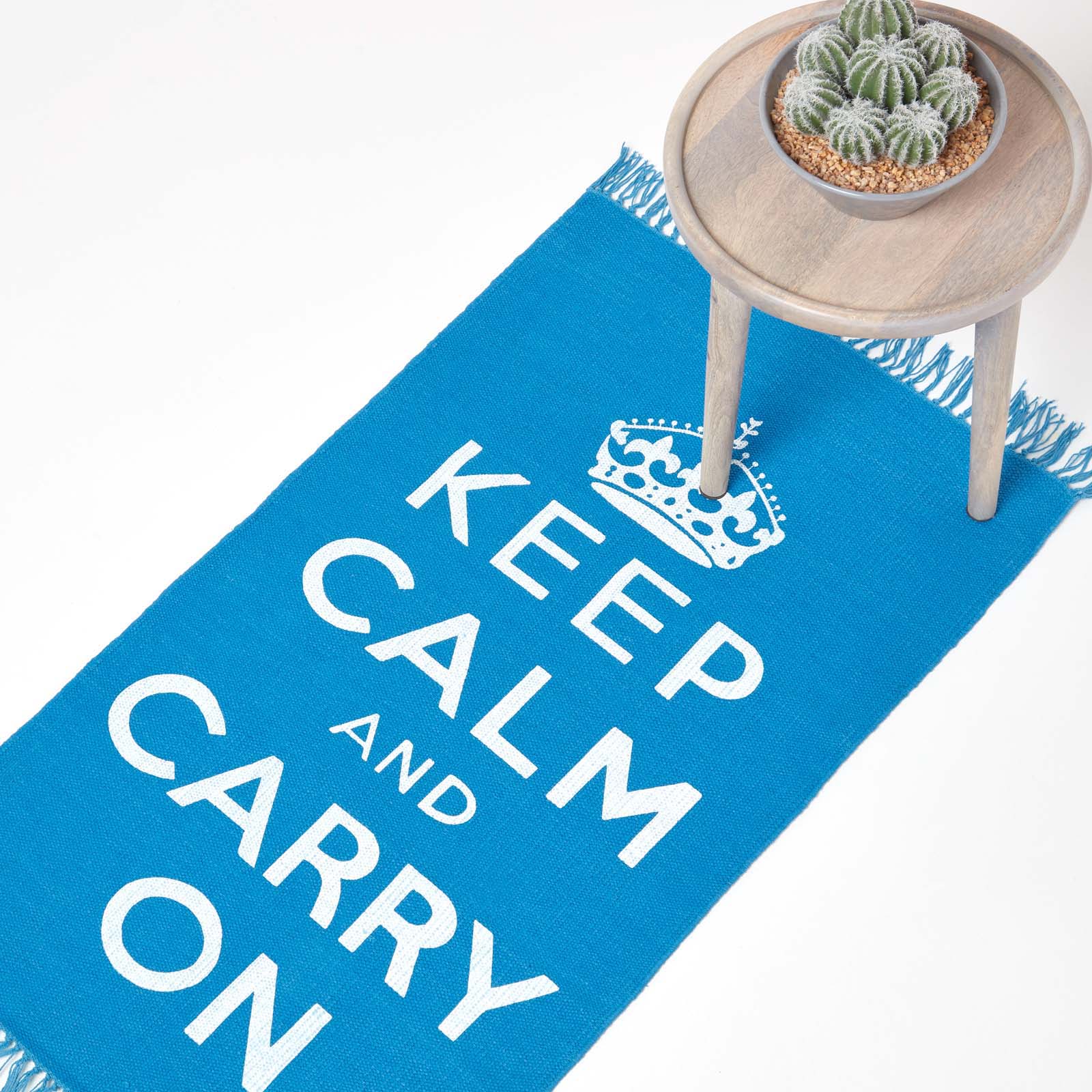Keep Calm And Carry On Handwoven 100% Cotton Rug | 60cm x 100cm | Blue