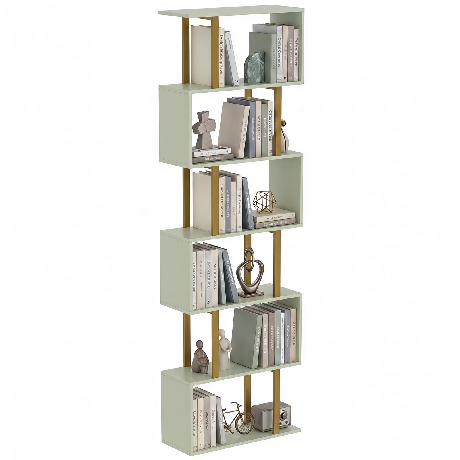 S-shaped Bookshelf, 6-tier Bookcase With Anti-tip Strap | Light Green