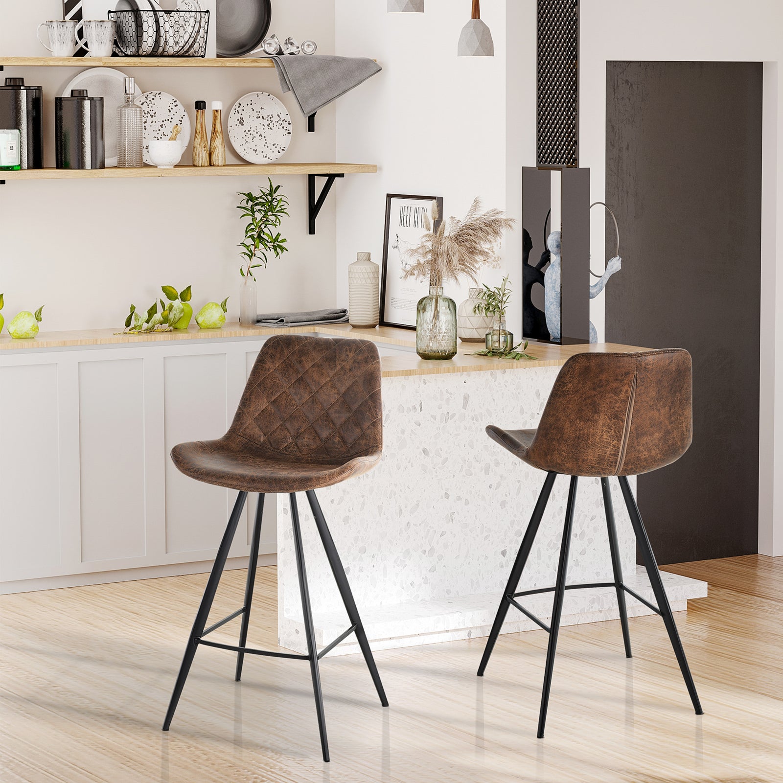 Set Of 2 Vintage Microfiber Bar Stools Steel | Brown