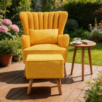Upholstered Armchair With Footstool – Linen Fabric, Solid Wood Frame,mustard Yellow/ Teal | Mustard Yellow