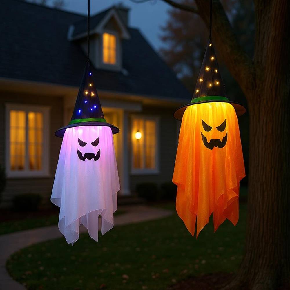 2pcs Halloween Decorations Ghost Witch Hats With Led Lights