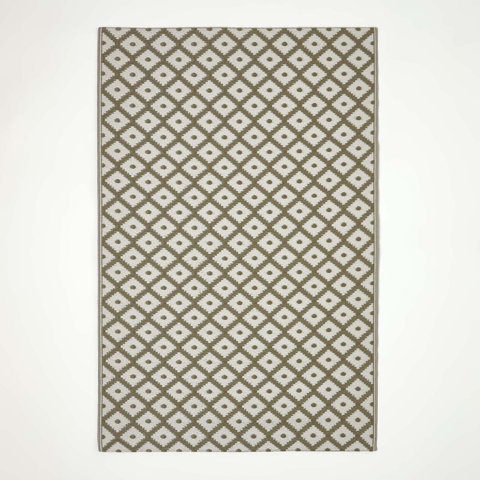 Luxury Outdoor Rug Waterproof Reversible For Garden Patio 100% Recycled, Green May Geometric | 120cm x 180cm | Olive