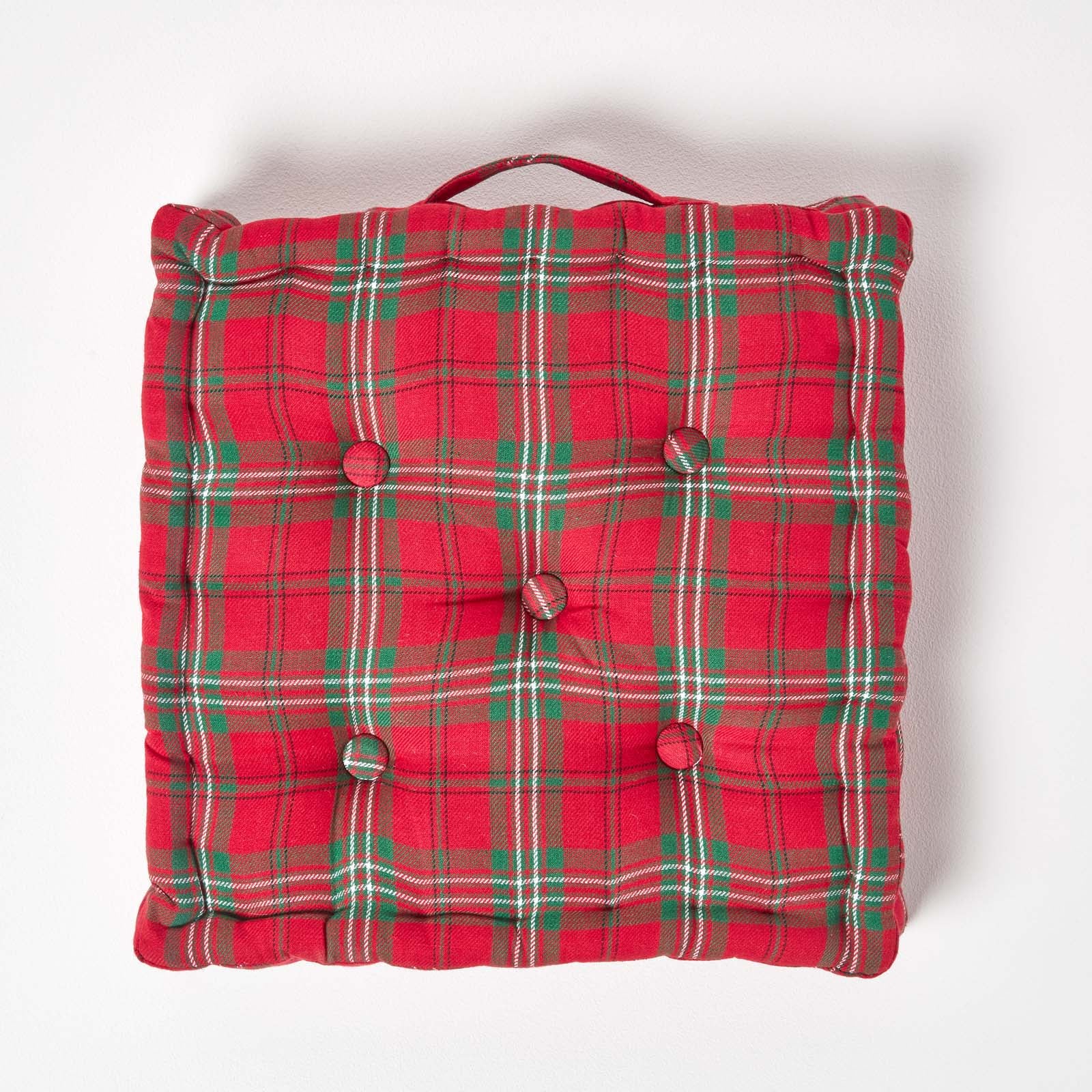 Cotton Tartan Check Floor Cushion | 40cm x 40cm | Red