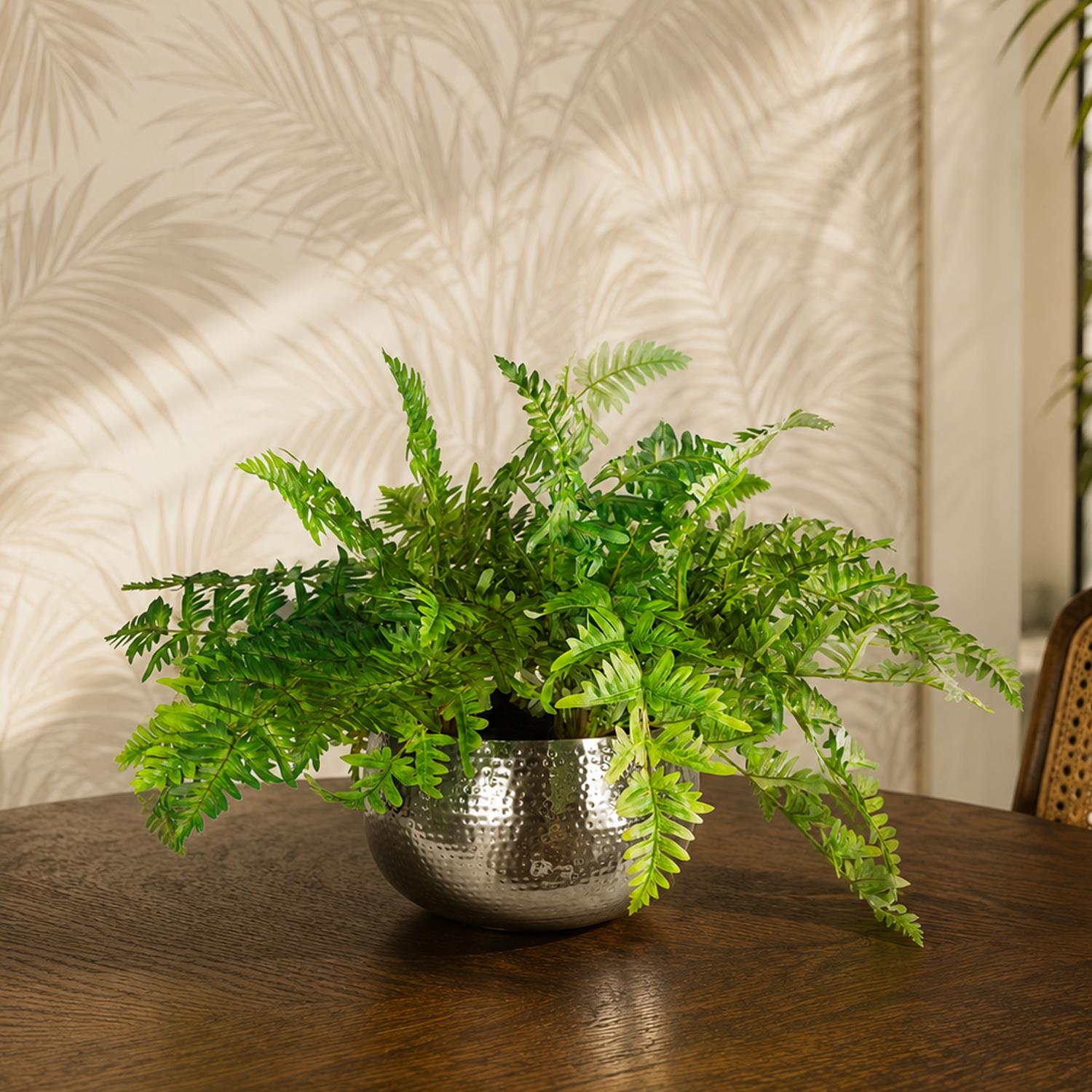 Large Artificial Ferns Display With Xl Metal Silver Bowl Planter 50x65cm