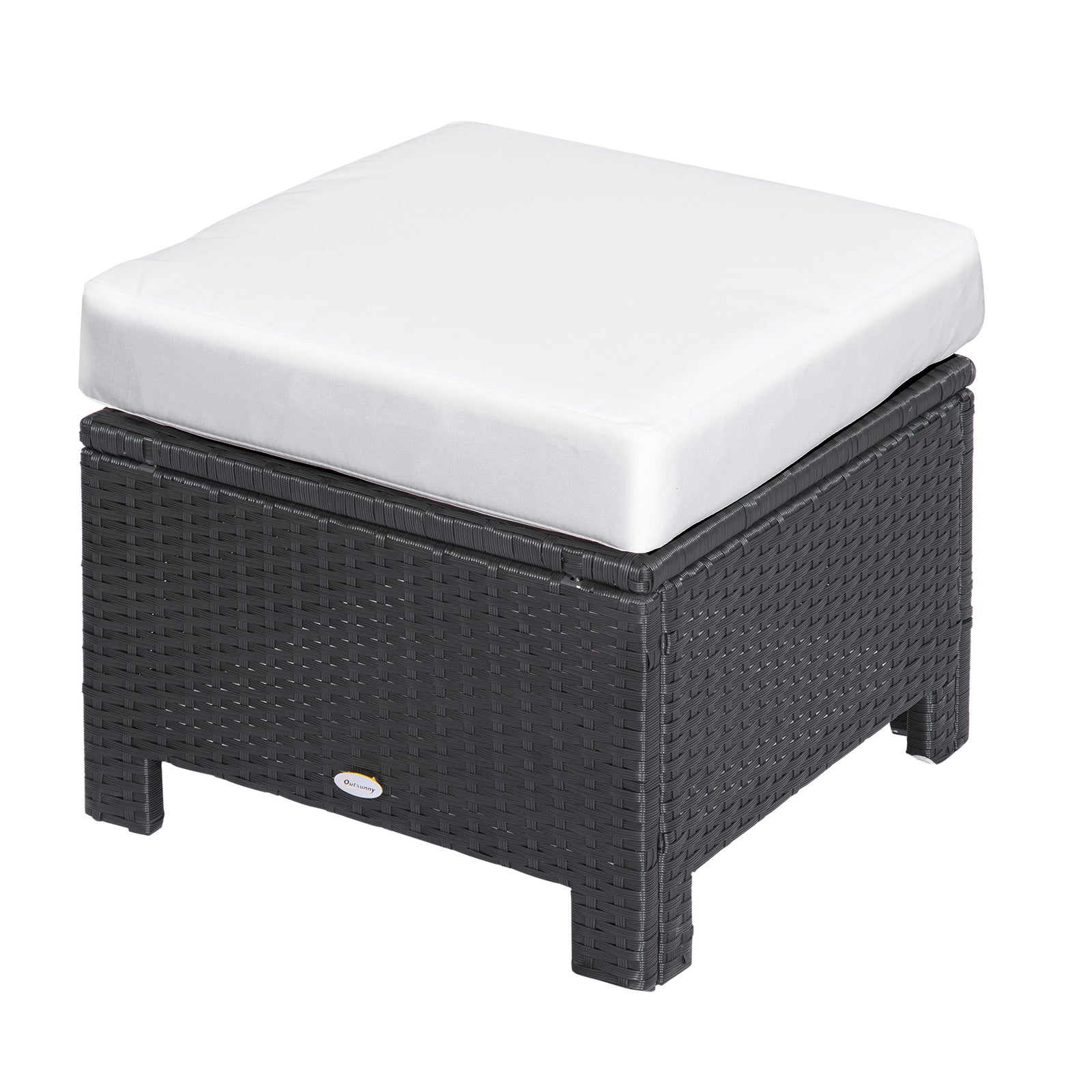 Rattan Footstool Wicker Ottoman With Padded Seat Cushion | Black