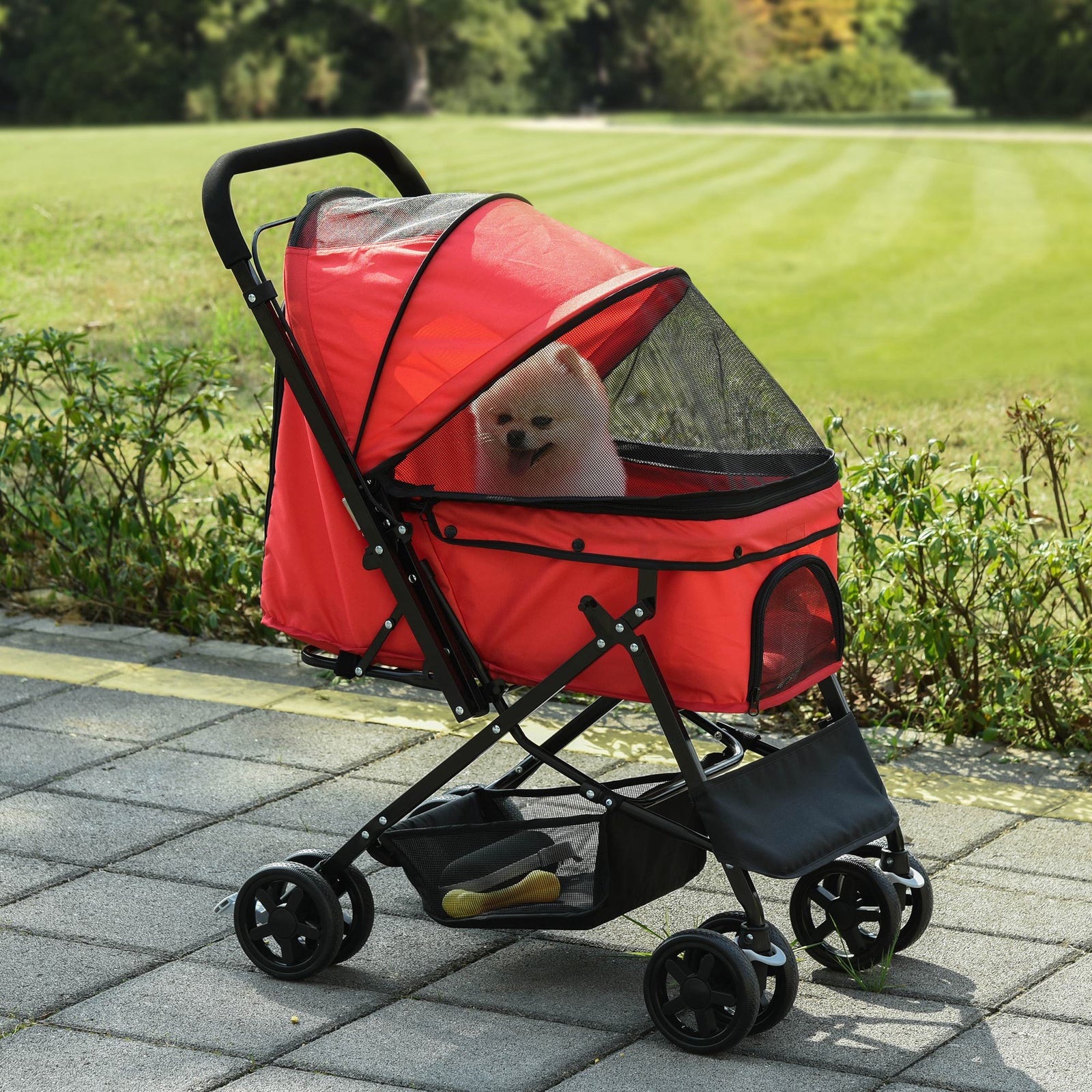 Pet Stroller Dog Foldable Travel Carriage With Reversible Handle | Red