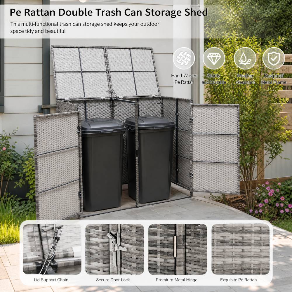 Pe Rattan Double Trash Can Storage Shed With Lid & Front Door, Outdoor Garbage Bin Enclosure, Metal Frame, Weather-resistant Wicker Design | Grey