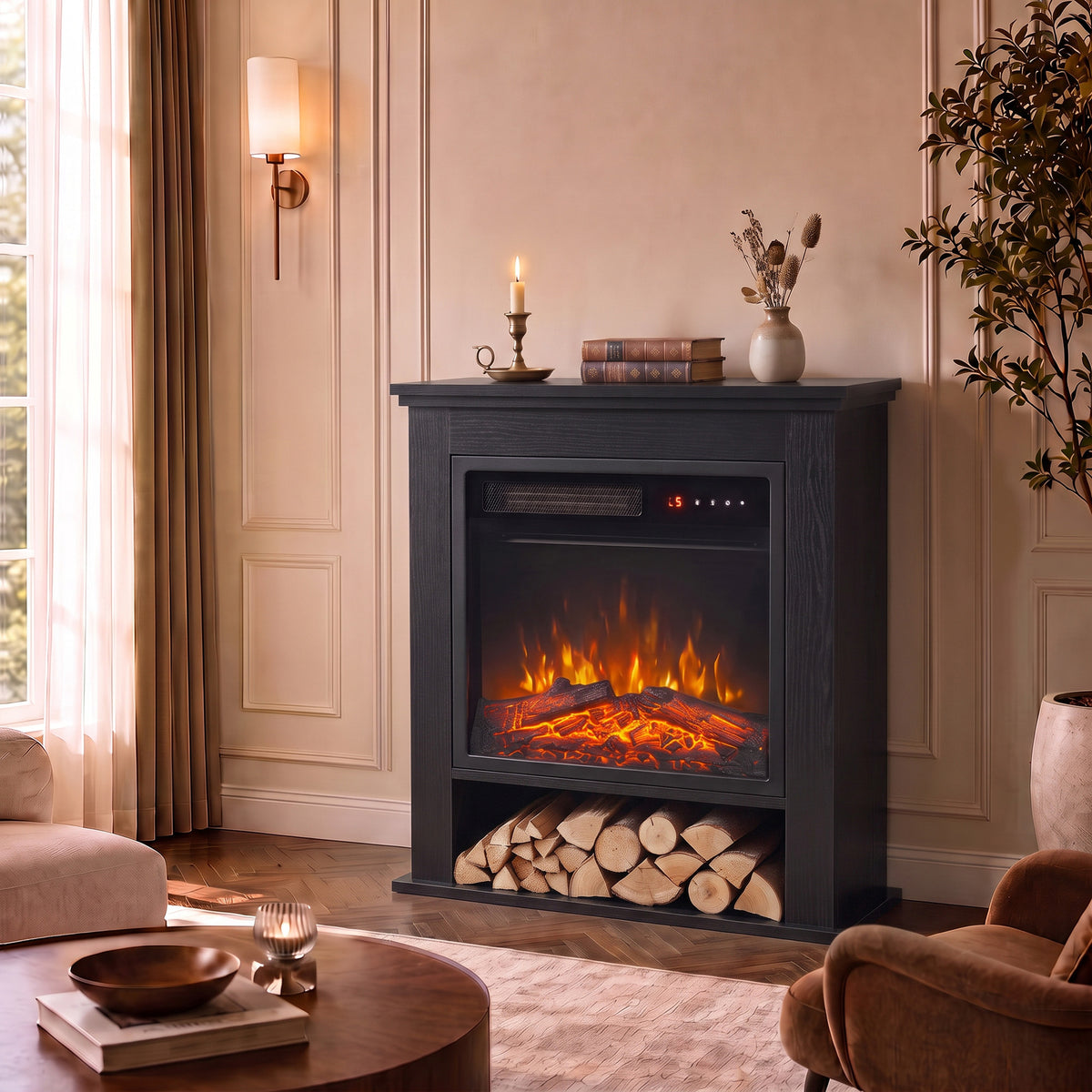 Freestanding Electric Fireplace Suite, 25" 1800w, Open Shelf | White