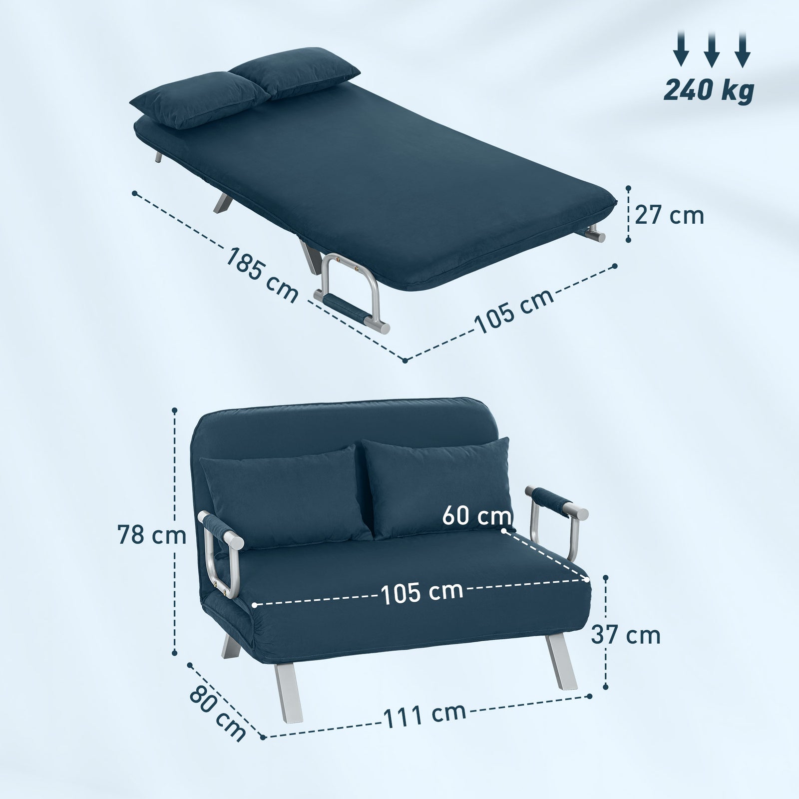 Fabric Convertible 2 Seater Sofa Bed W/ 2 Pillows | Navy Blue