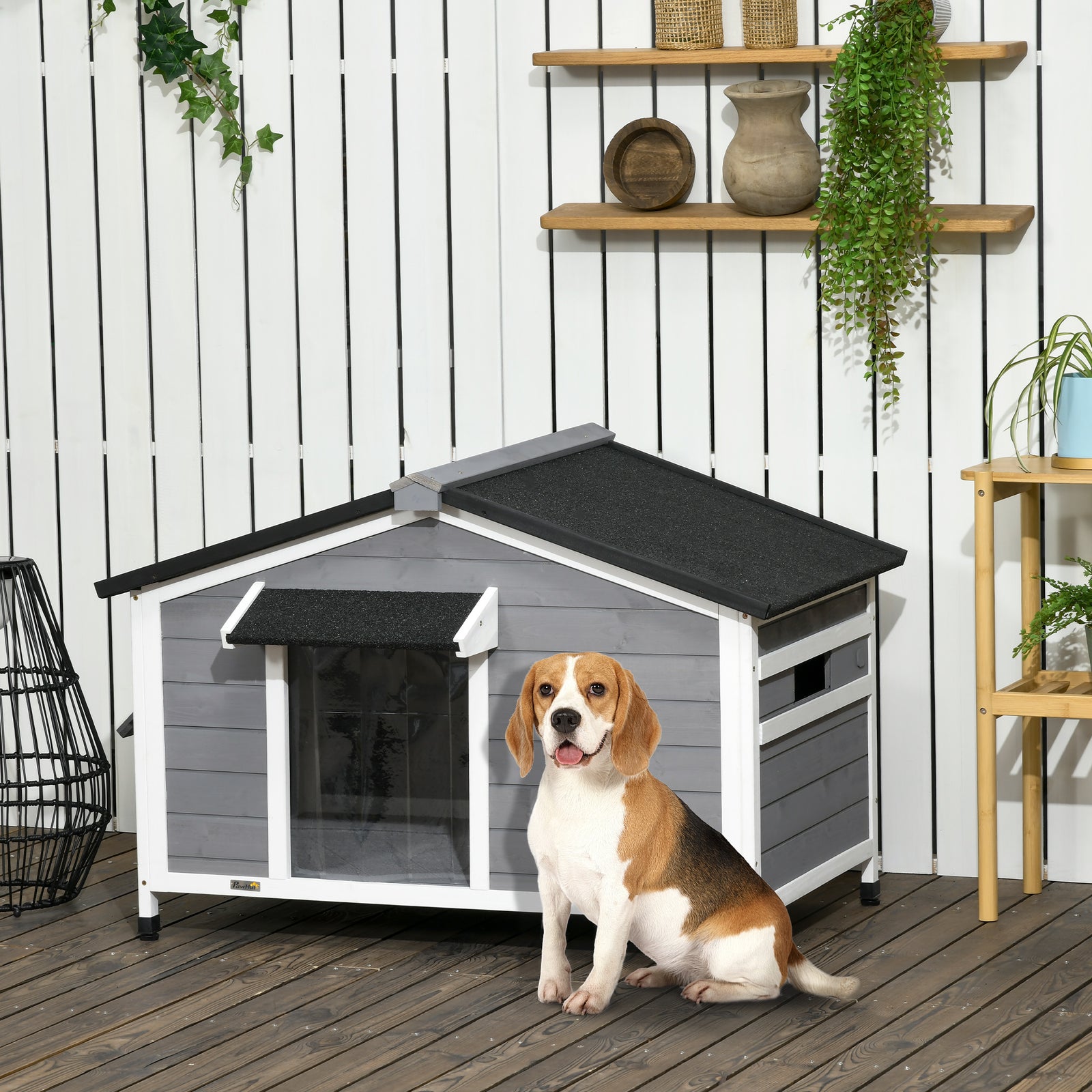 Large Wooden Dog Kennel For Outside 109l X 79w X 72h Cm, Grey