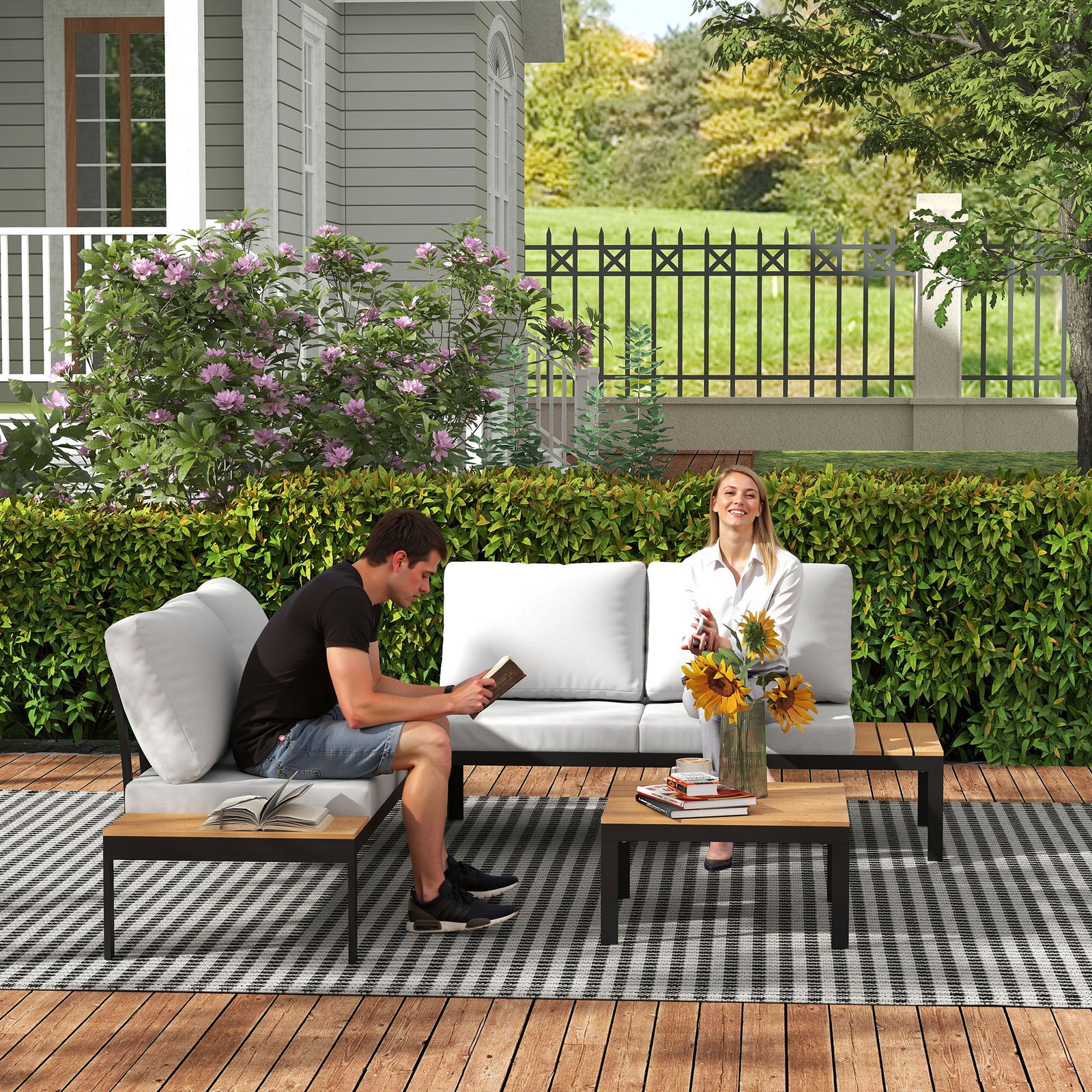 4 Seater Garden Corner Sofa Set W/ Removable Thick Cushions | Tan