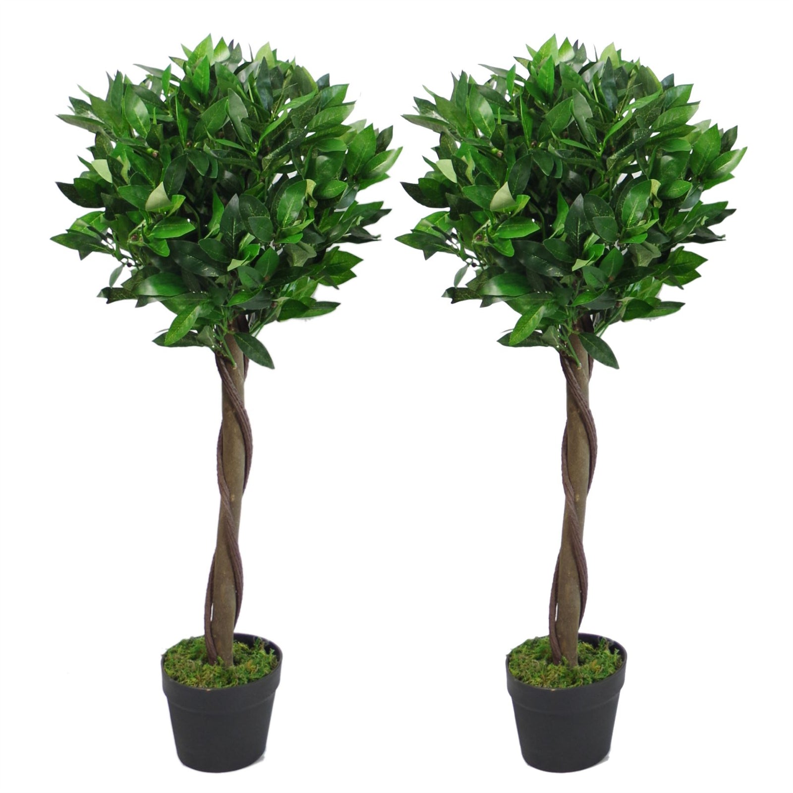 Pair Of 90cm (3ft) Twisted Stem Artificial Topiary Bay Laurel Ball Trees