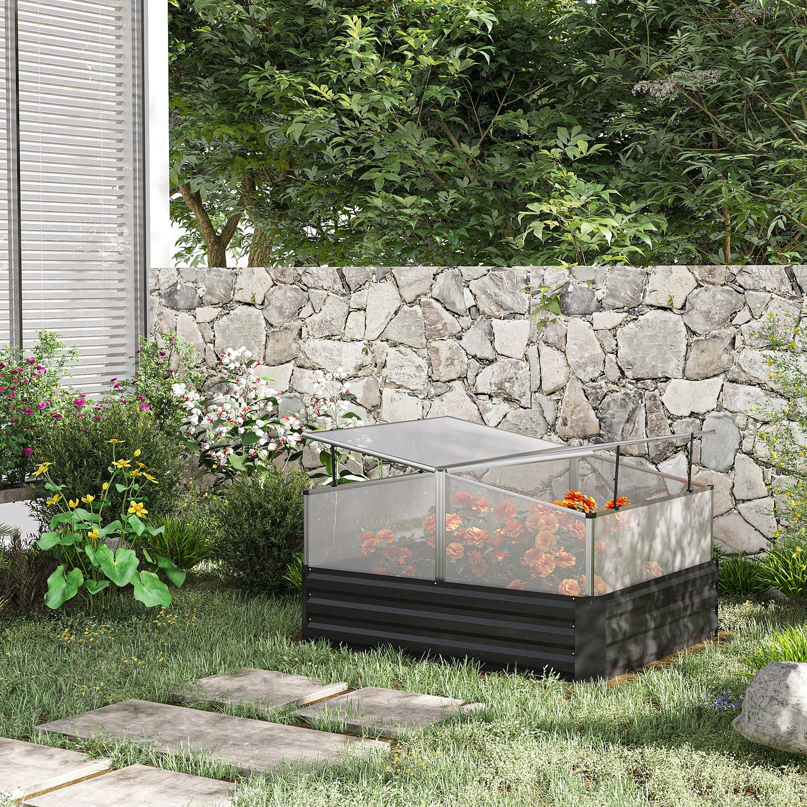 Raised Garden Bed With Greenhouse Dark Grey