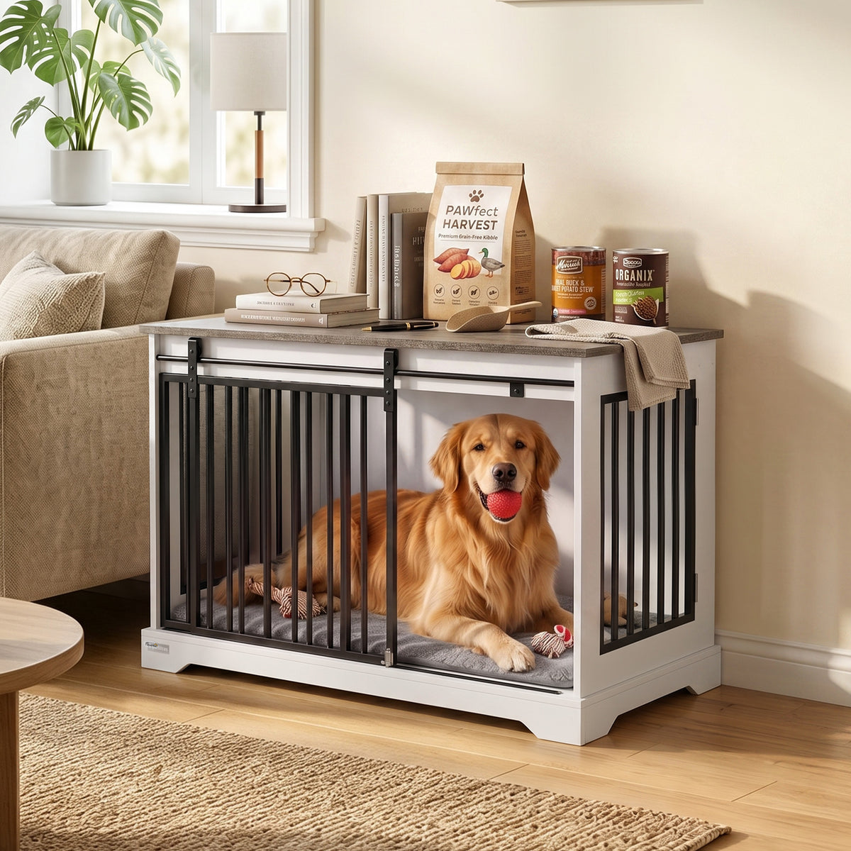 Dog Crate Furniture With Sliding Barn Door | 100cm | White