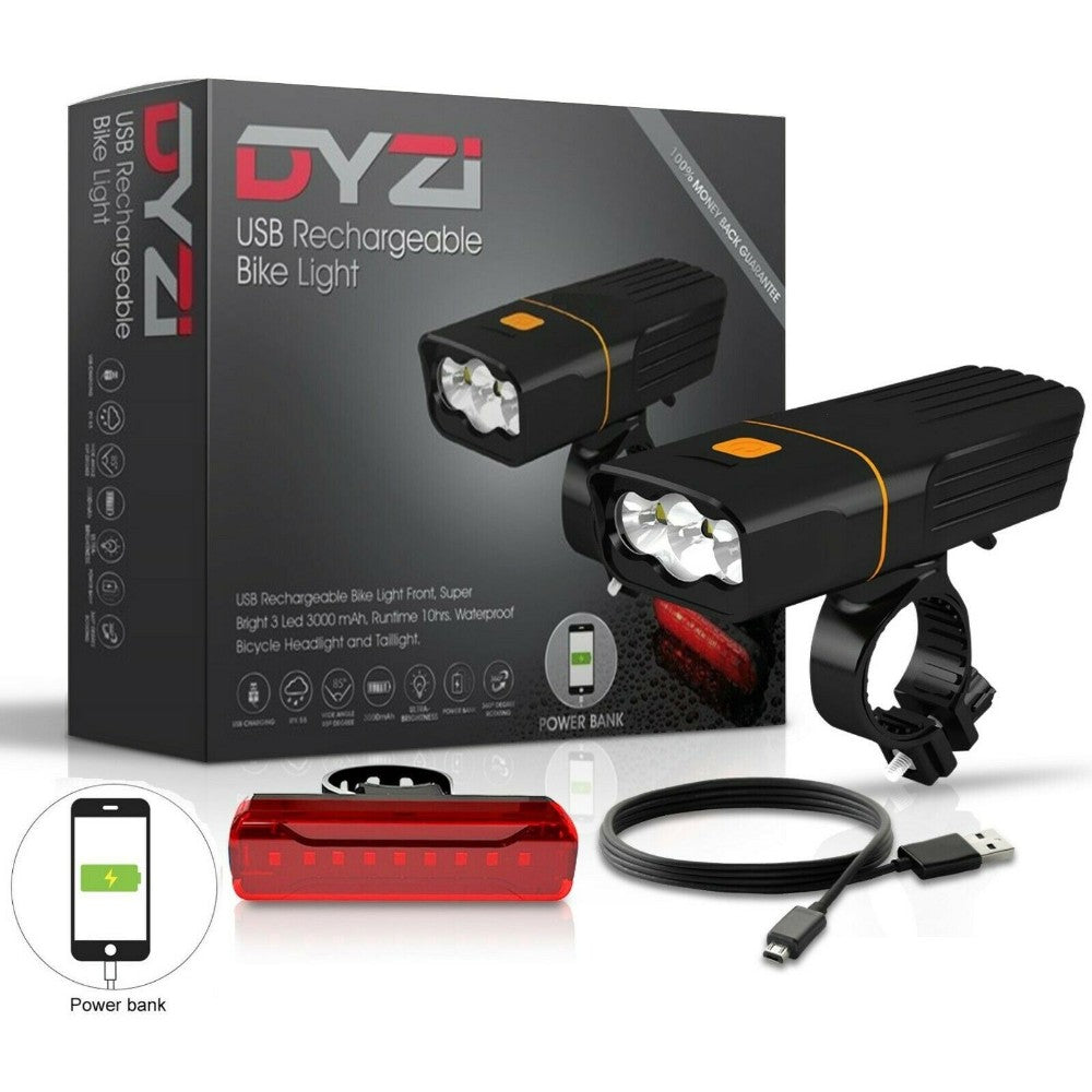 Dyzi Rechargeable Bike Lights Set 3000mah Lumens Waterproof