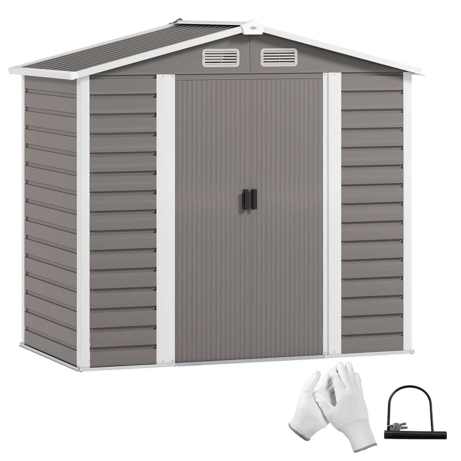 7 X 4ft Metal Garden Shed W/ Double Doors Gloves | Light Grey
