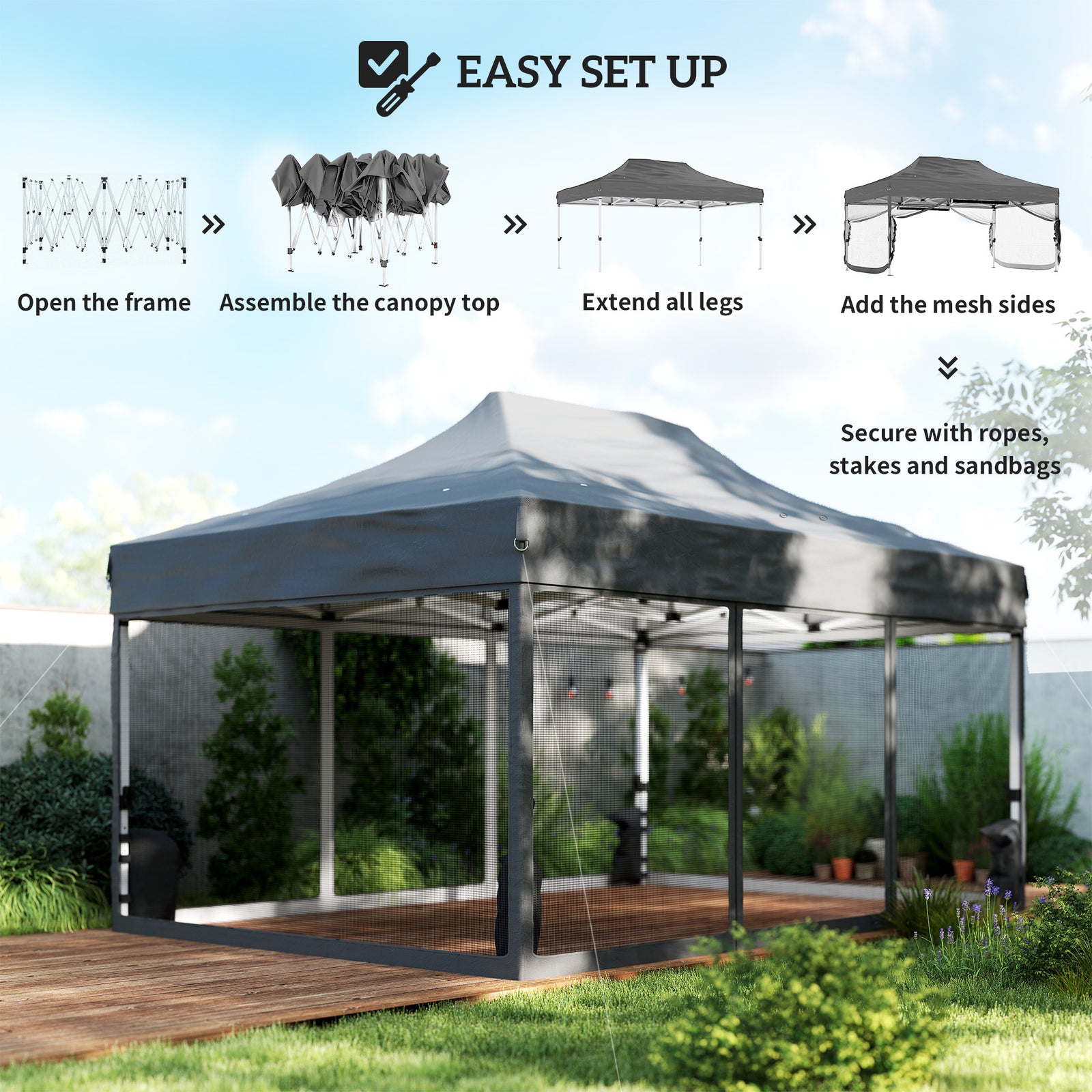 3 X 4.5 M Pop Up Gazebo With Mesh, Heavy Duty Party Tent Marquee | Dark Grey
