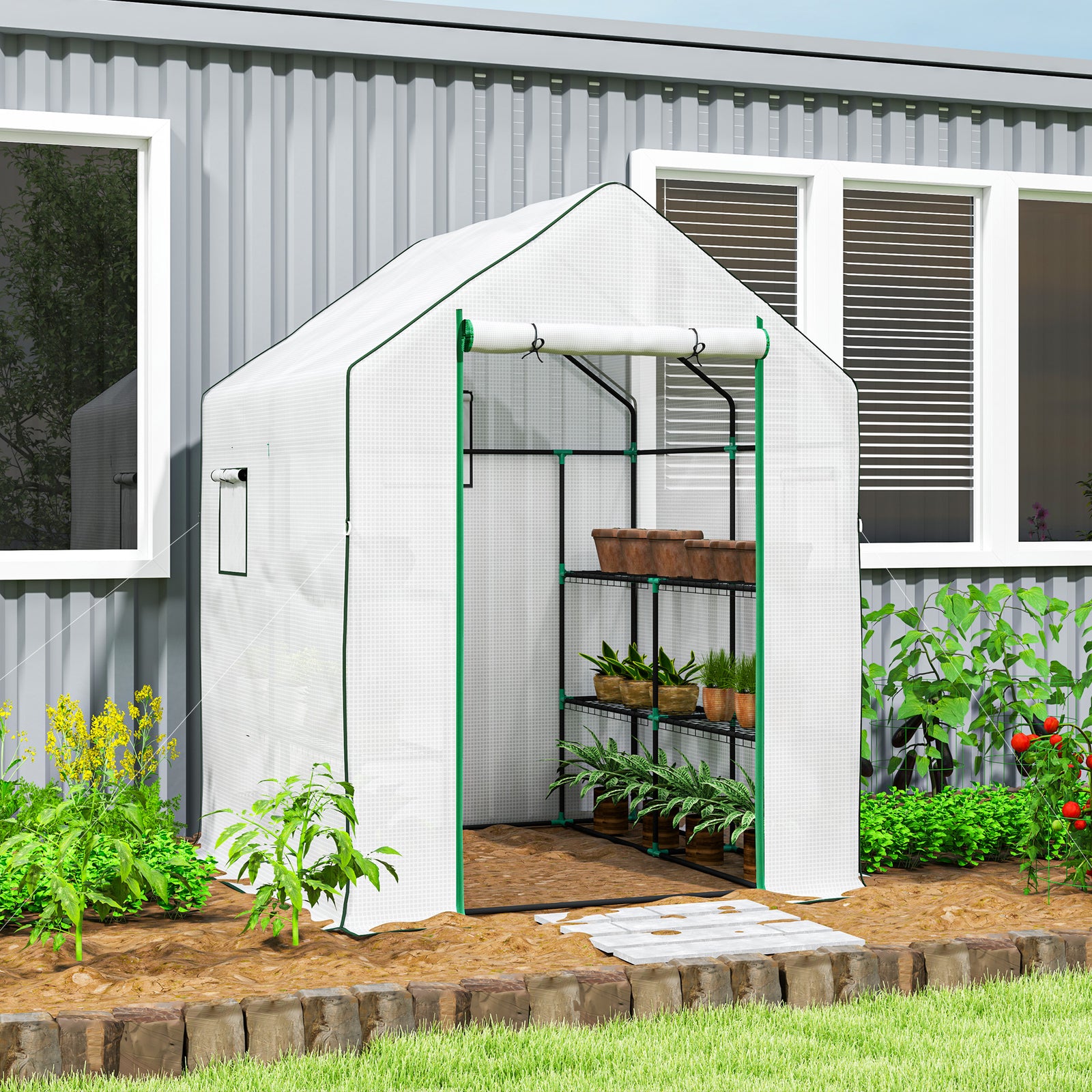 Walk-in Greenhouse W/ 4/8 Shelves, Outdoor Small Greenhouse | Large | White