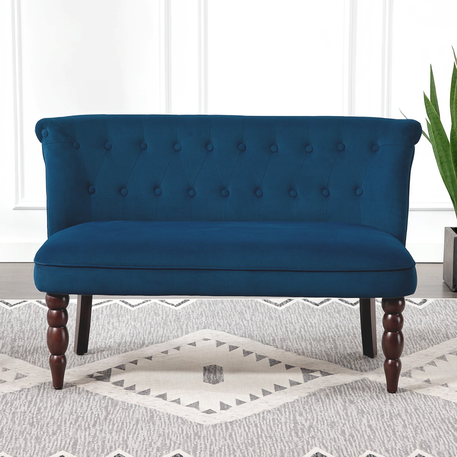 Velvet-feel Two-seat Lounger Sofa With Wood Frame | Blue