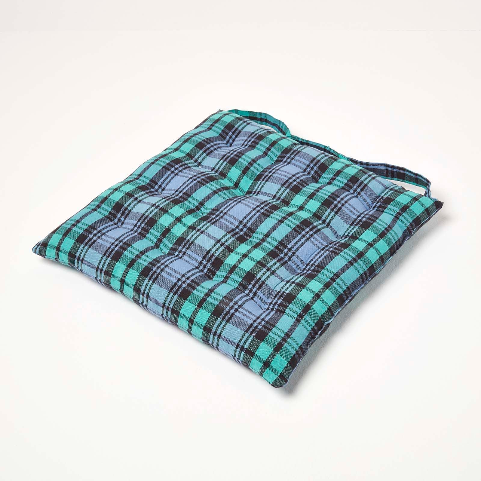 Tartan Check Seat Pad With Button Straps 100% Cotton, 40 X 40 Cm | Set-of-1 | Blackwatch