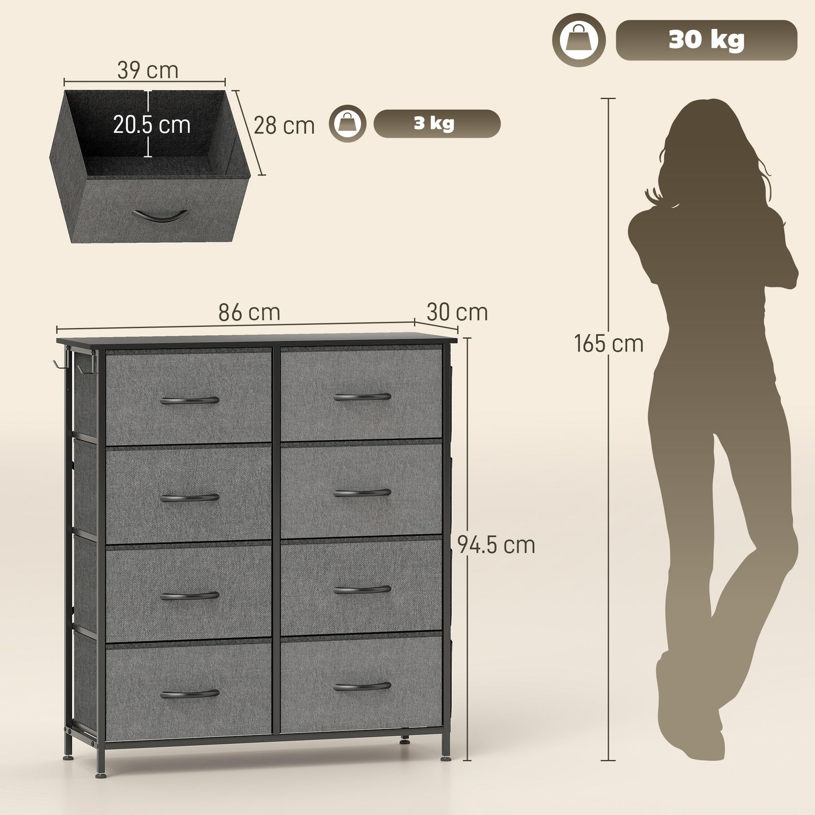Fabric Chest Of Drawers, 8 Drawer Dresser For Bedroom | Grey