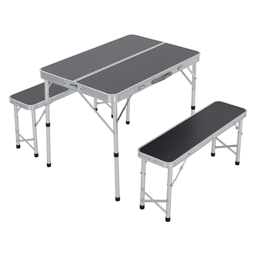 3 Pcs Picnic Table Set Aluminium Portable Folding Camping Table And Benches Set | Set of 3 | Black