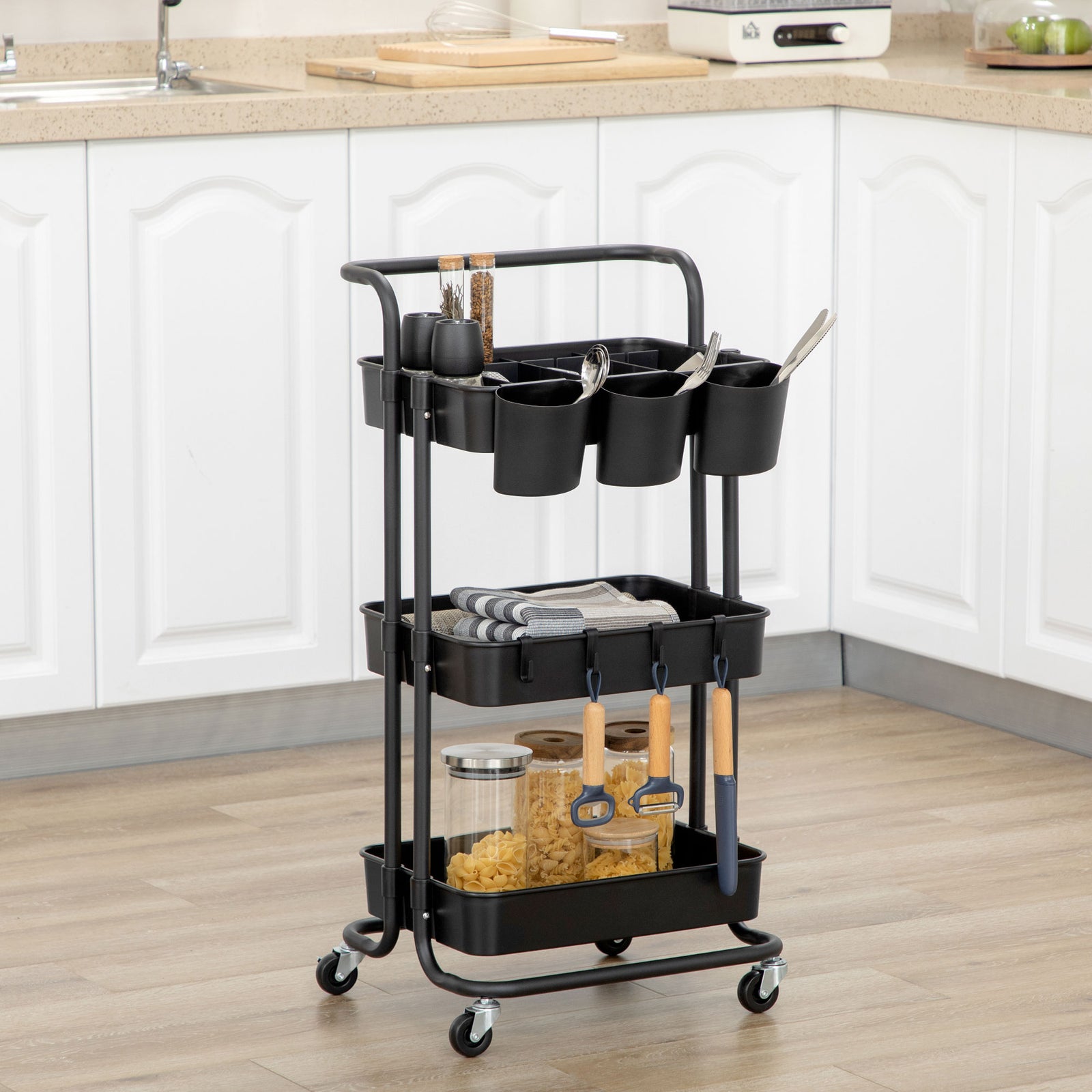 3-tier Utility Cart, Rolling Serving Trolley With Basket | One Size | Black