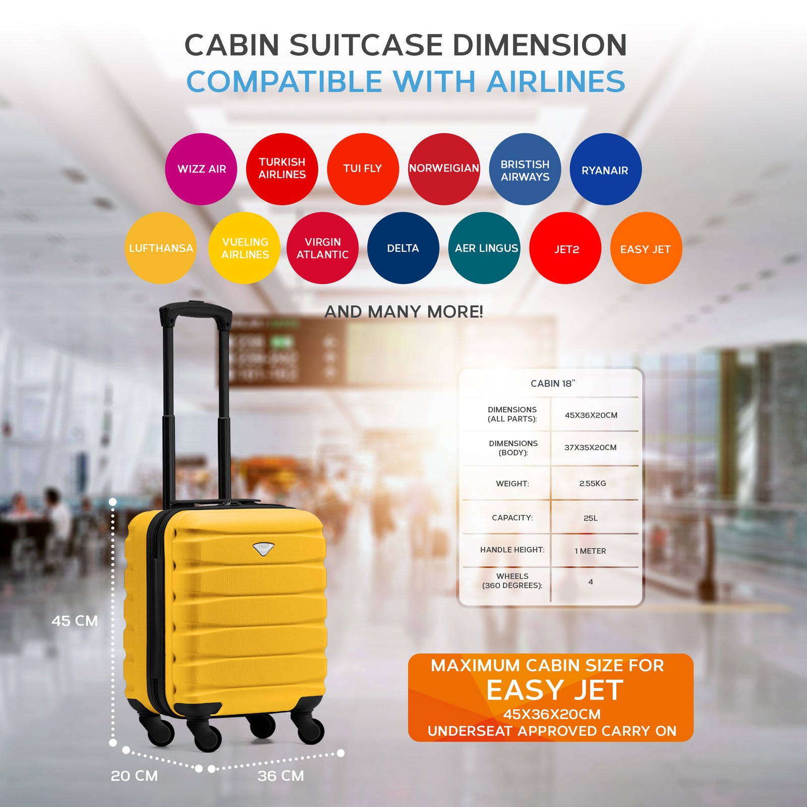 45x36x20cm Lightweight Underseat Cabin Carry On Suitcase - 100+ Airline Approved - Hard Shell Luggage - 4 Wheels | 45 x 36 x 20cm | Yellow & Black