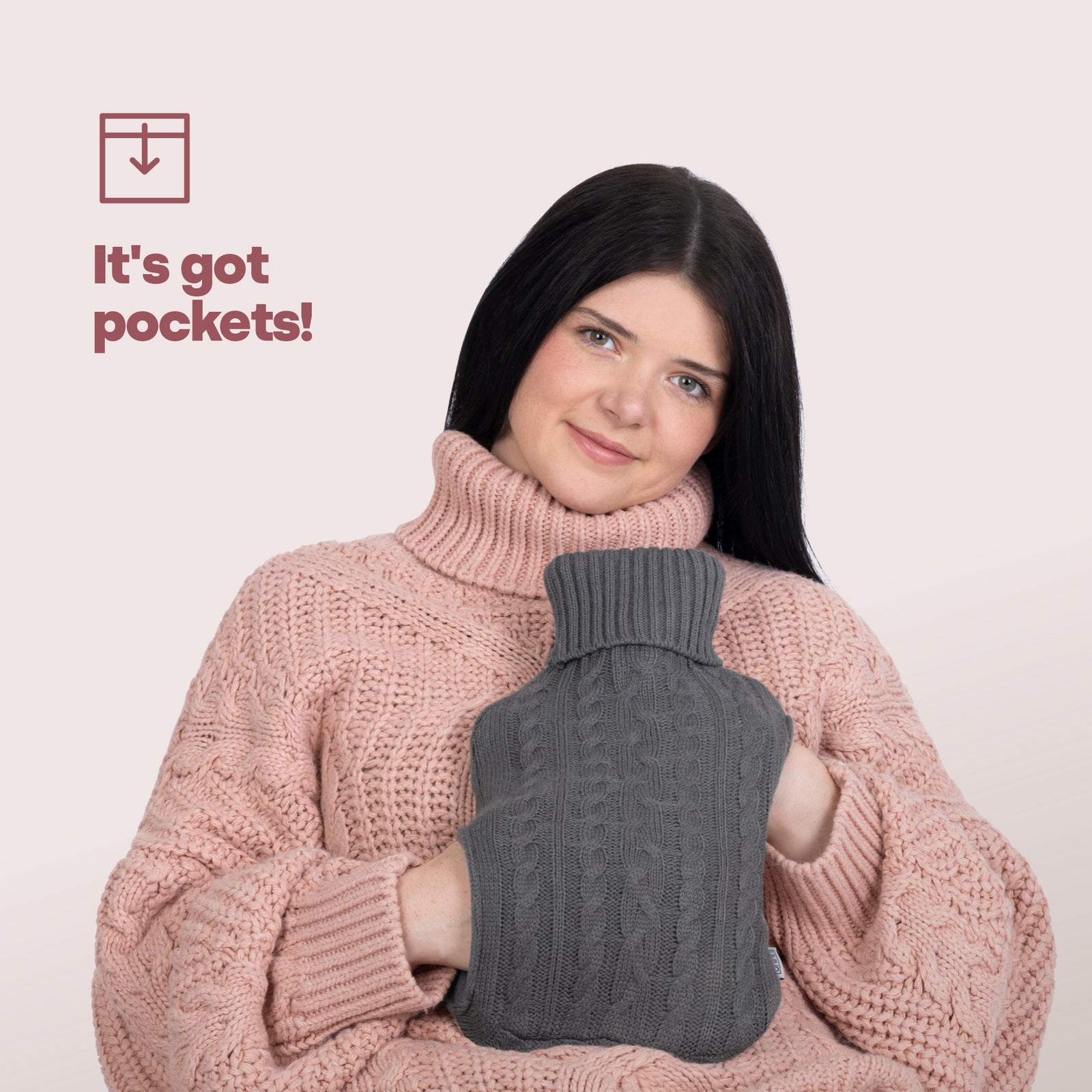 Livivo Grey 2l Hot Water Bottle With Cosy Knit Cover And Hand Warmer Pockets
