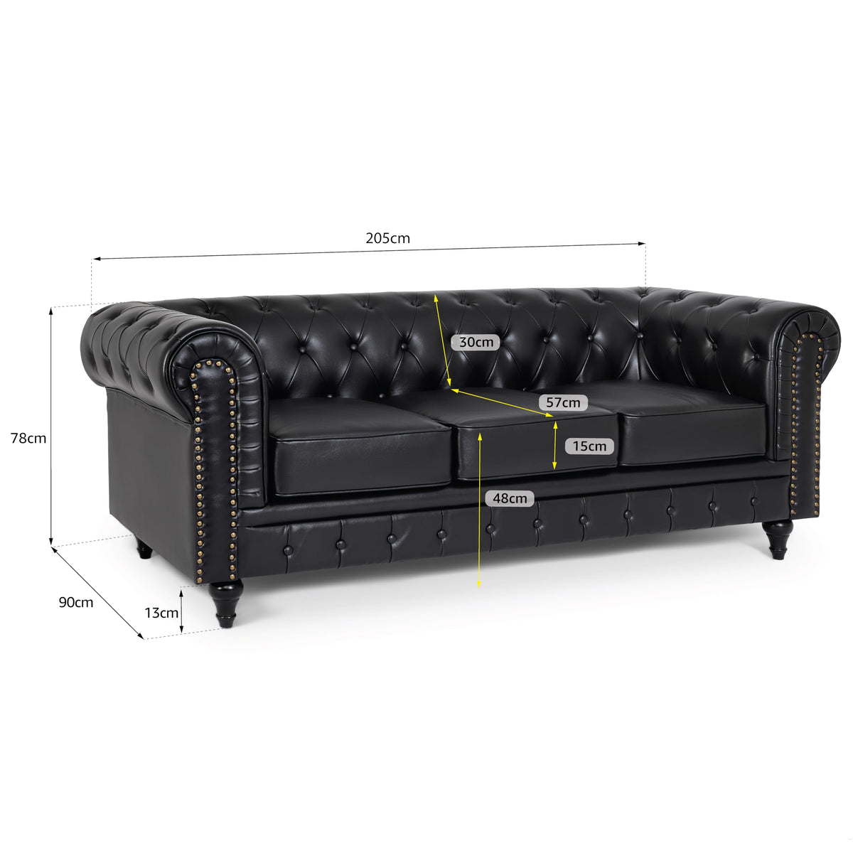 Chesterfield Scroll Arm Faux Leather Sofa 3 Seater | Black