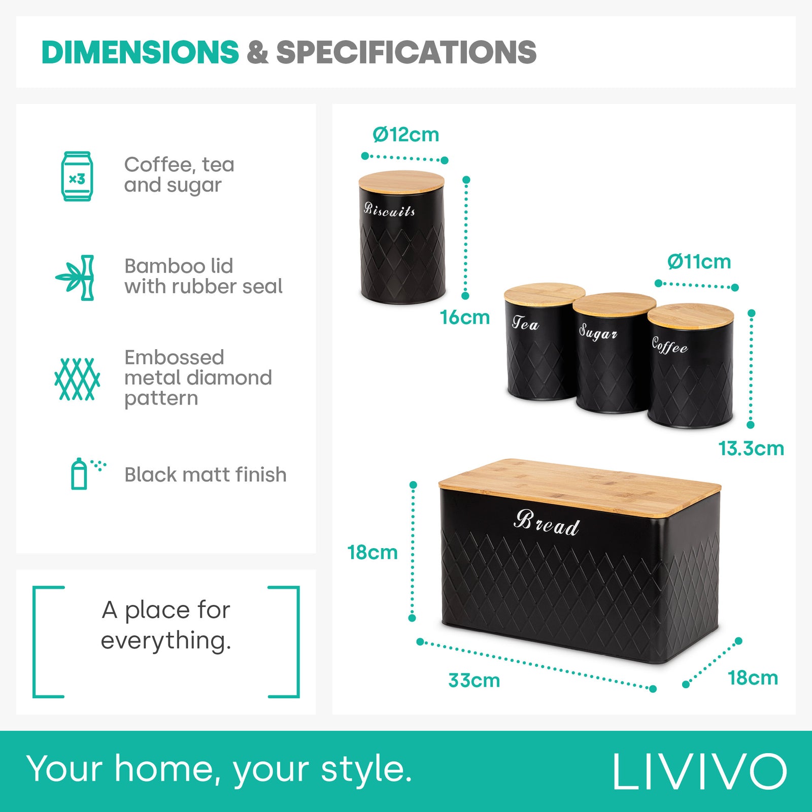 Matt Bread Bin & Canister Set - Black/bamboo