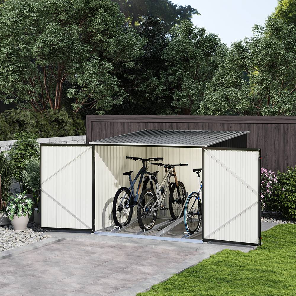 4 Bike Storage Shed Outdoor Lockable Bicycle Storage House Metal Garden Bike Shed with  Racks & Sloped Roof