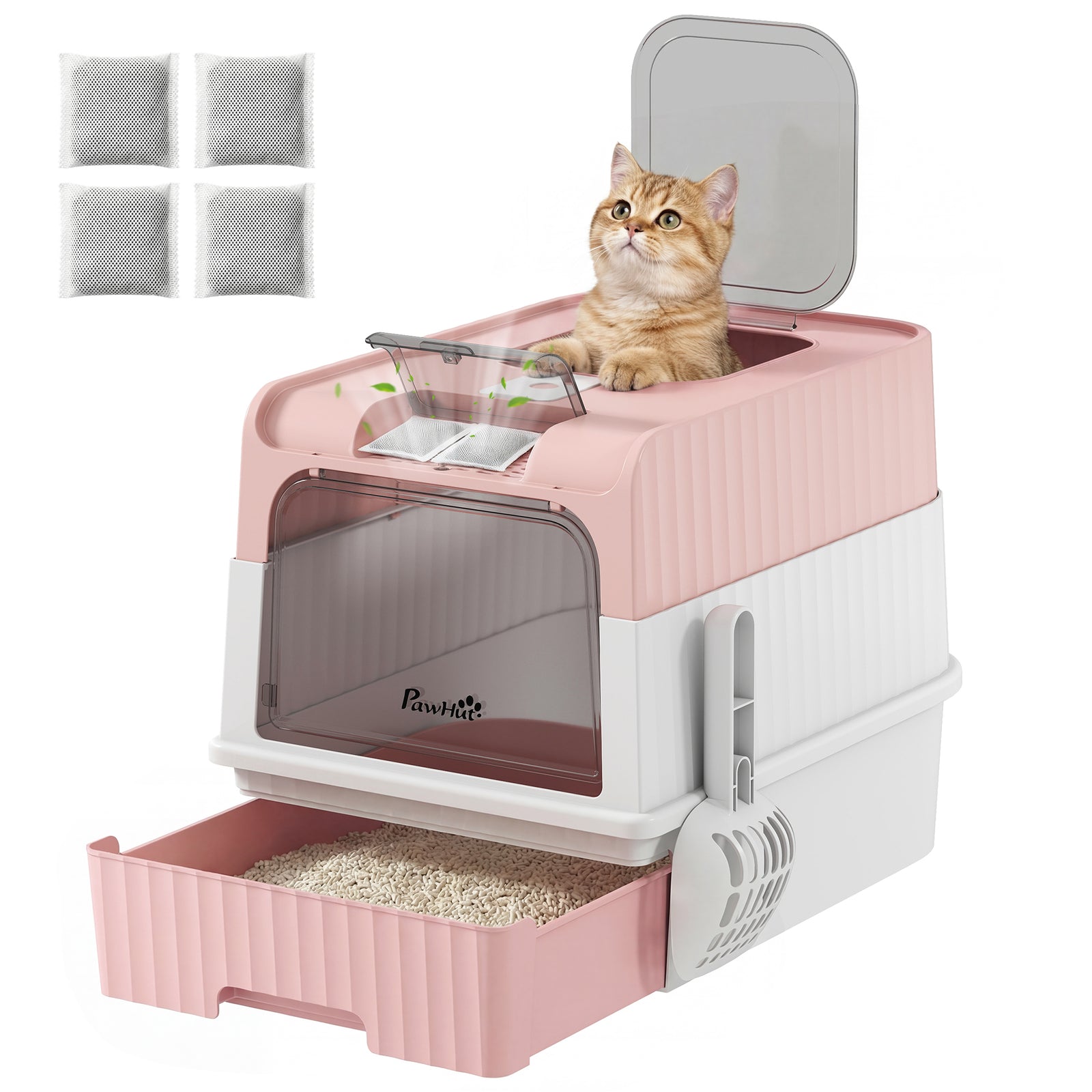 Cat Litter Box, Enclosed Cat Litter Box W/ Lid, Pull-out Drawer Tray | Pink