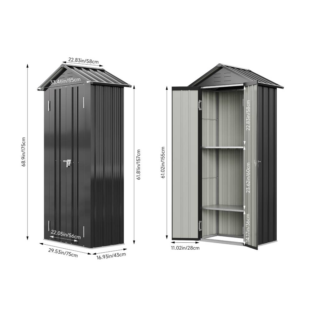 Metal Garden Storage Cabinet 2.7×1.9 Ft Apex Roof Shed With Adjustable 2 Shelves &  Lockable Double Doors | Charcoal Black