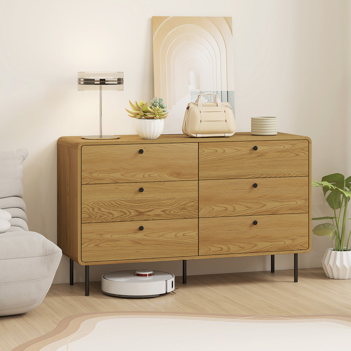 HOMCOM Chest Of Drawers For Bedroom, Modern 6 Drawer Dresser, Oak