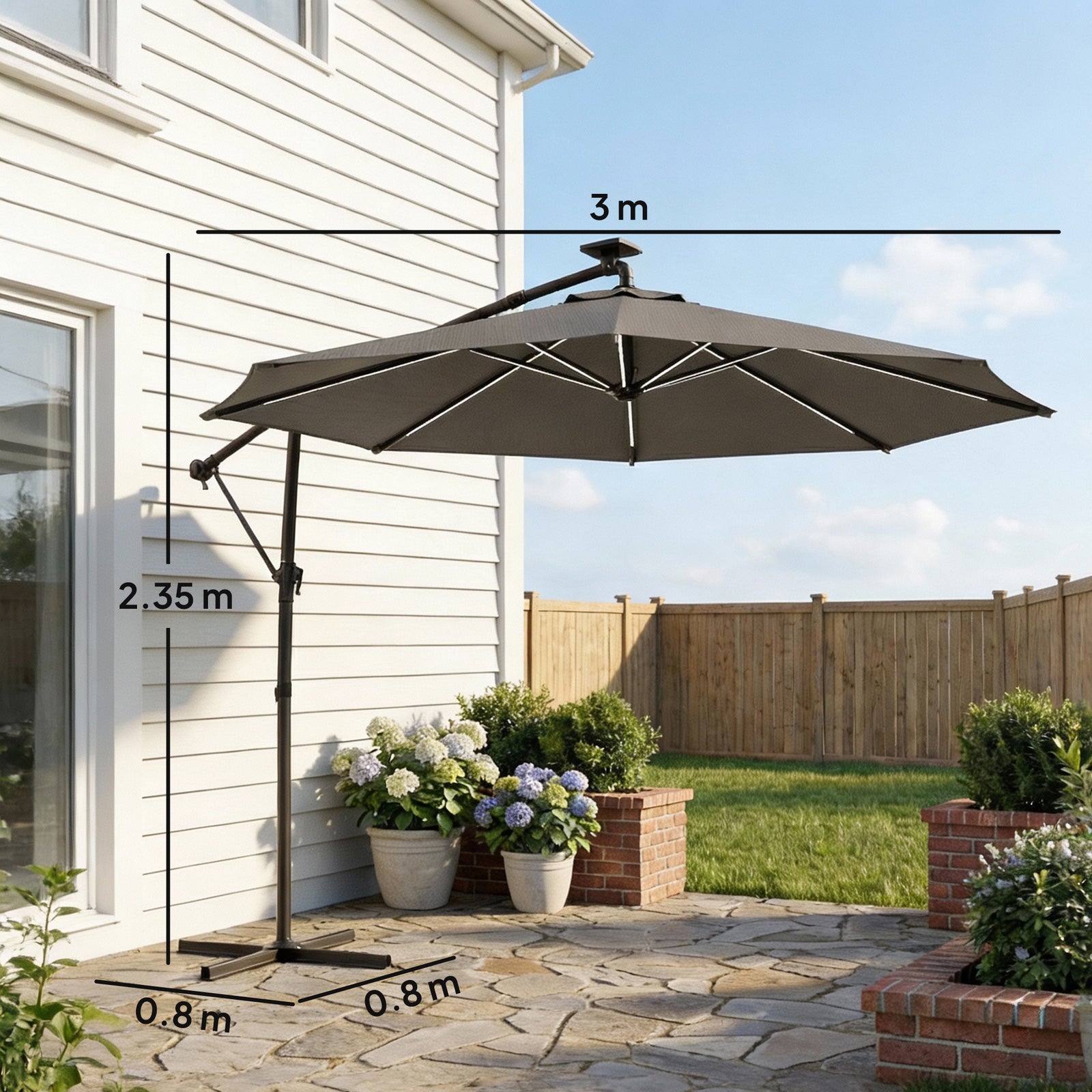 3 M Garden Cantilever Parasol With Solar Light, Rotation | Grey