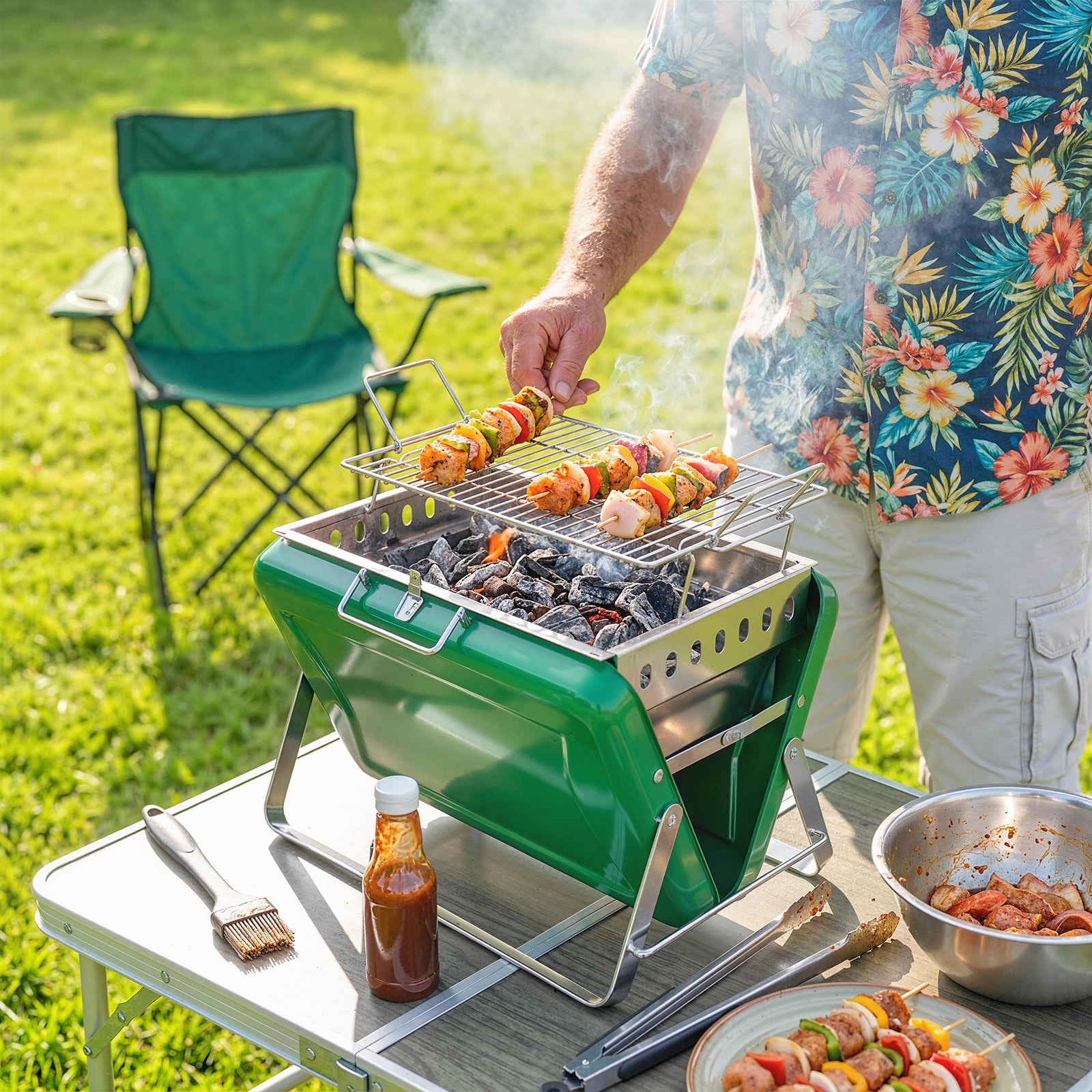 Charcoal Bbq Grill Portable With Tilting Grate | Green