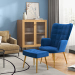 Button Tufted Armchair With Footstool Gold Tone Steel Legs | One Size | Blue