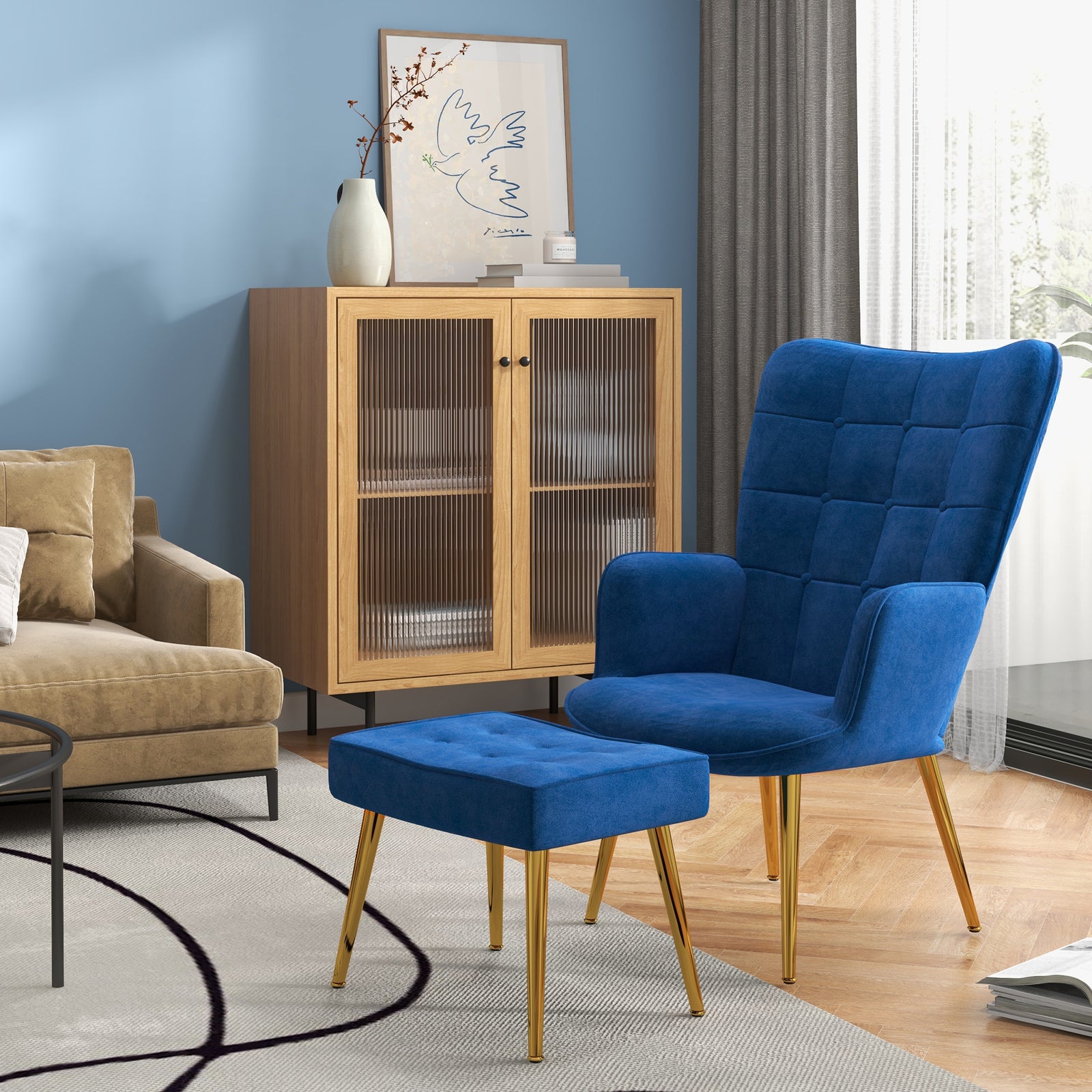 Button Tufted Armchair With Footstool Gold Tone Steel Legs | One Size | Blue