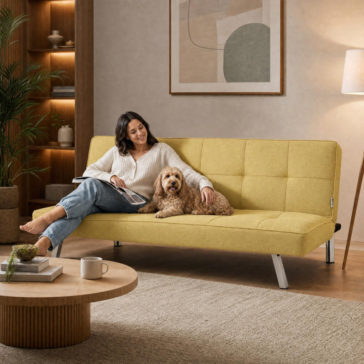 Britney Linen Sofa Bed 3 Seater | Yellow