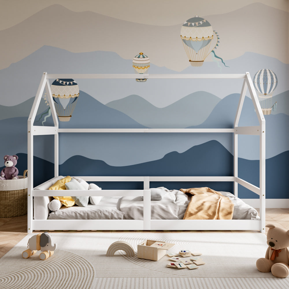 Kids House Bed Frame With Guardrails – 190cm X 90cm Solid Pine Wood Low Design White Montessori Toddler Bed