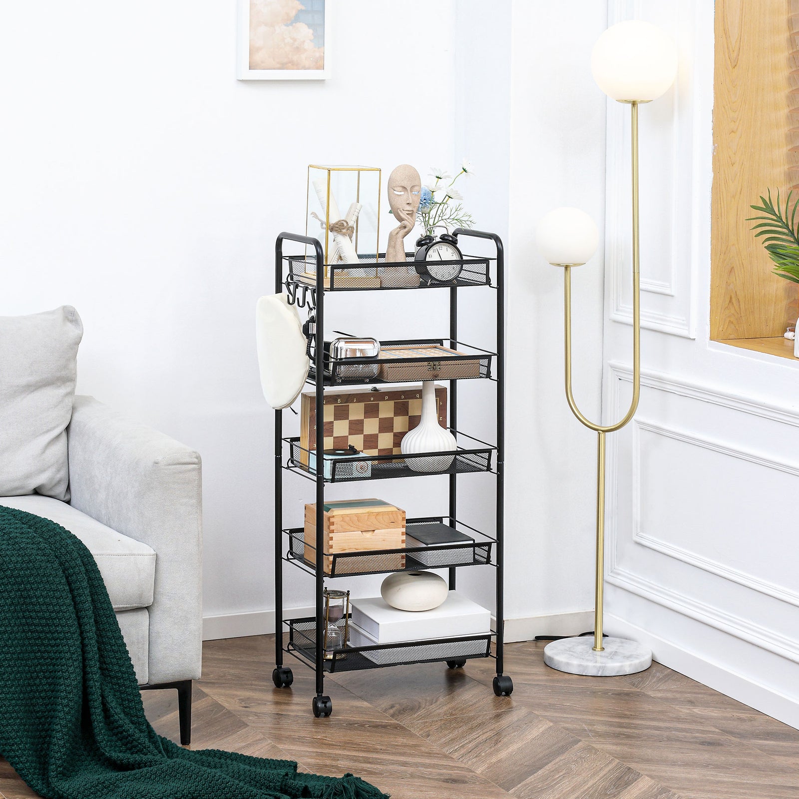 5 Tier Utility Rolling Cart With Removable Mesh Baskets